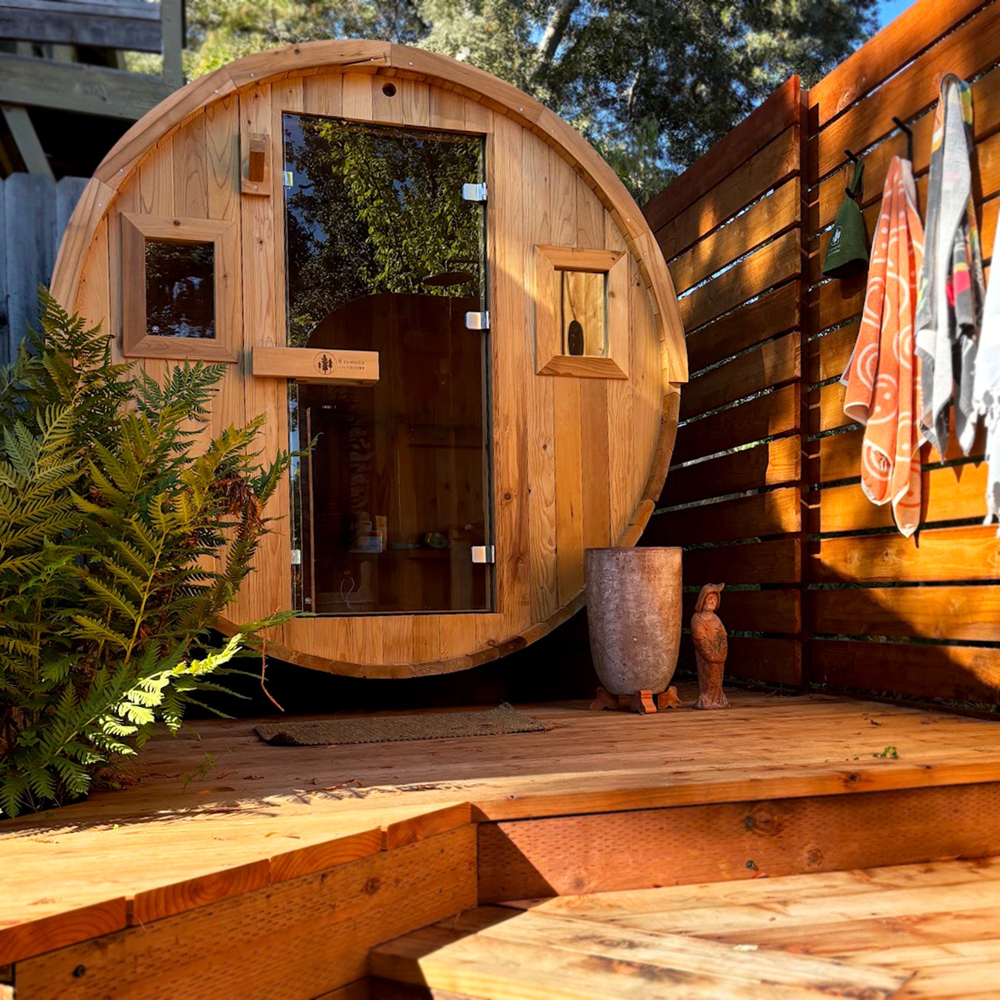 Redwood Outdoors Barrel Outdoor Sauna - 6 Person w/ Harvia Spirit Wi-Fi 8kW Heater