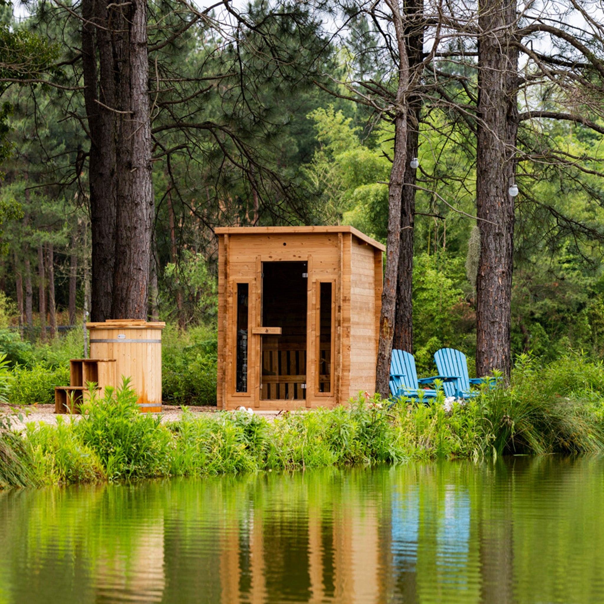 Redwood Outdoors Cabin Outdoor Sauna - 4 Person w/ Harvia Spirit Wi-Fi 8kW Heater