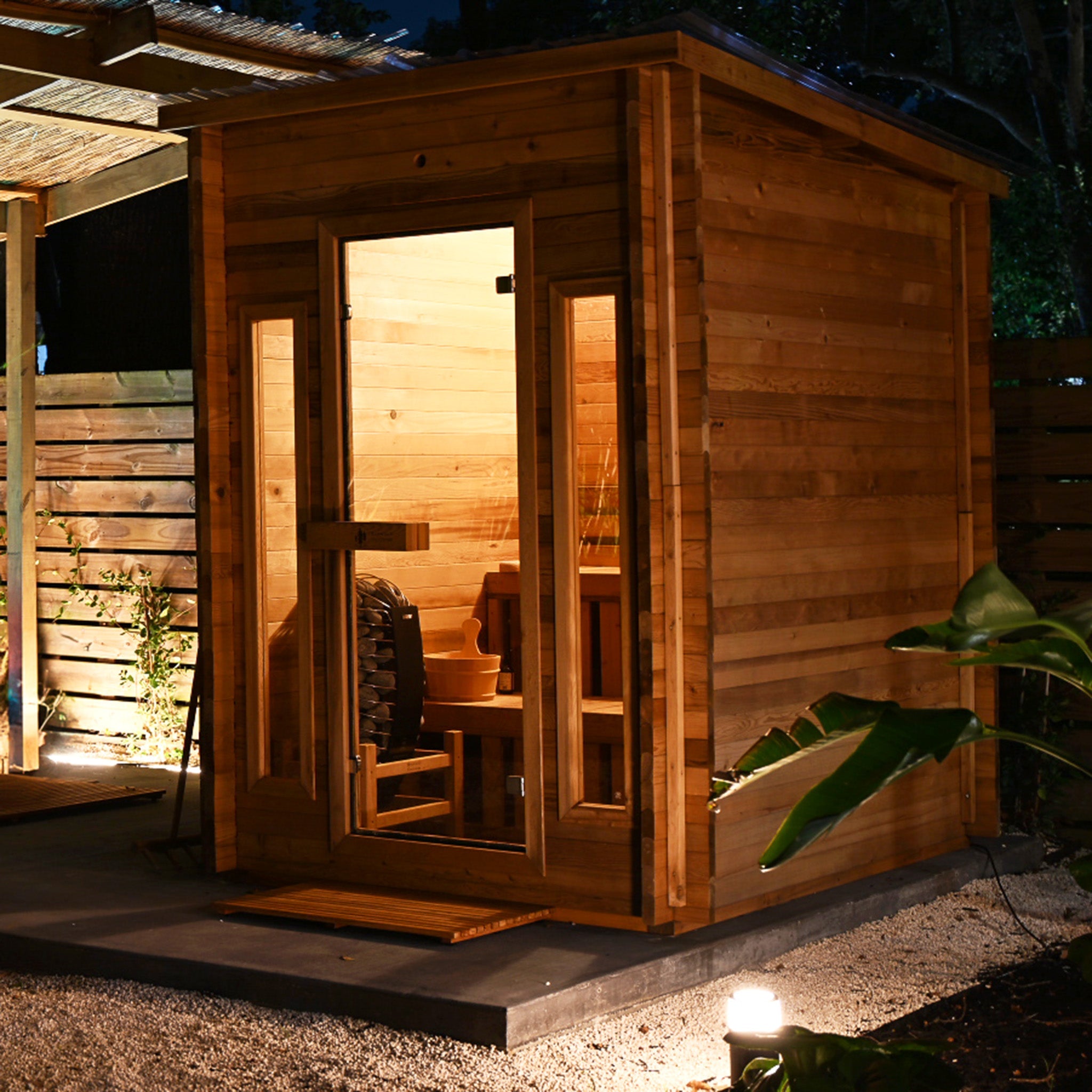 Redwood Outdoors Cabin Outdoor Sauna - 4 Person w/ Harvia Spirit Wi-Fi 8kW Heater
