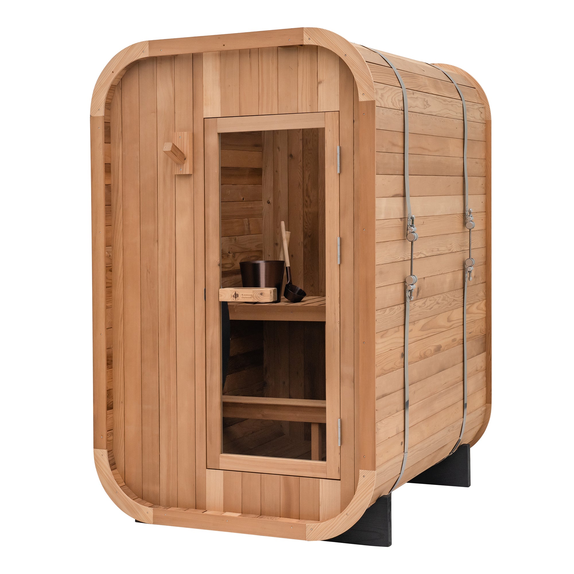 Wooden sauna with interior view on a white background