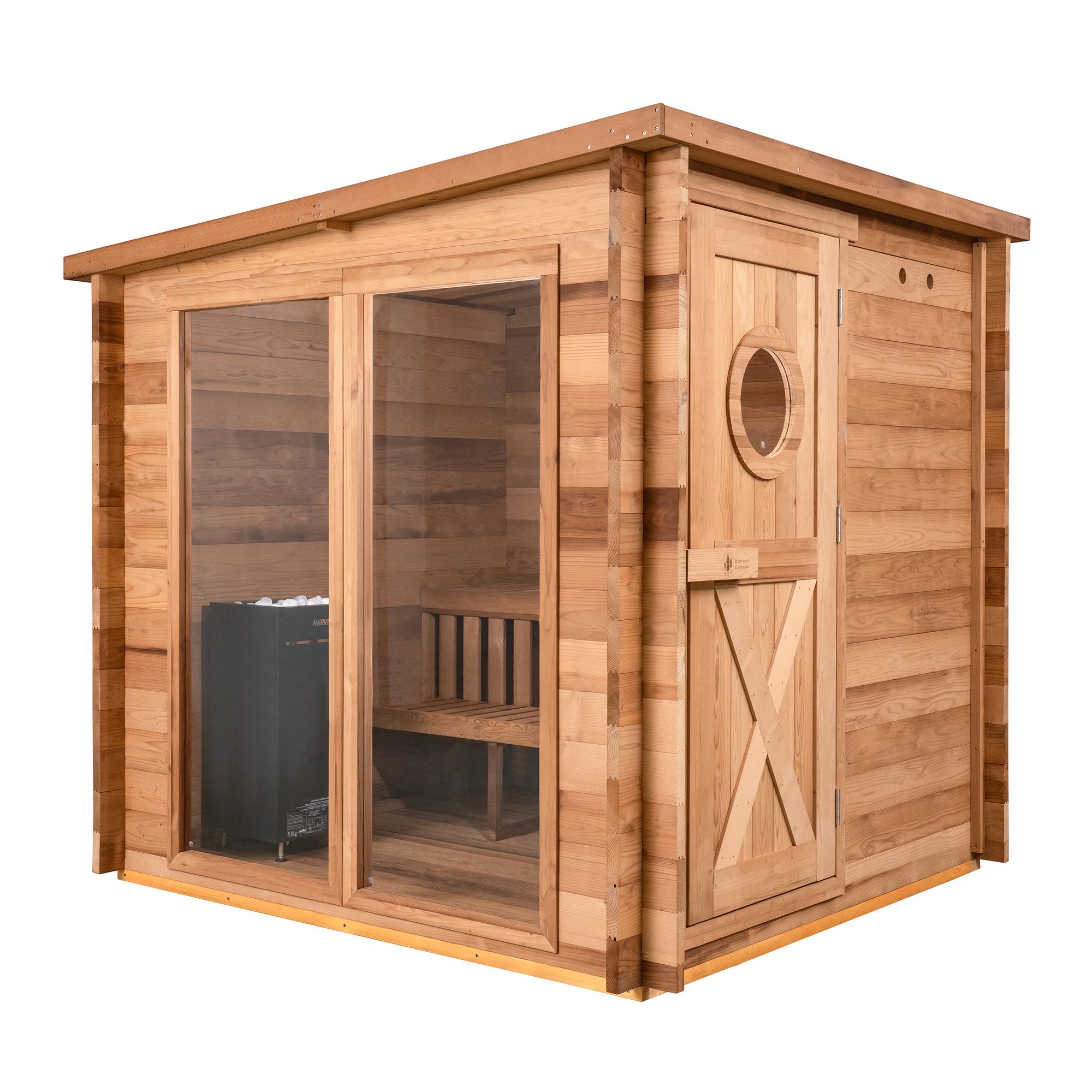 Wooden sauna with glass door on a white background