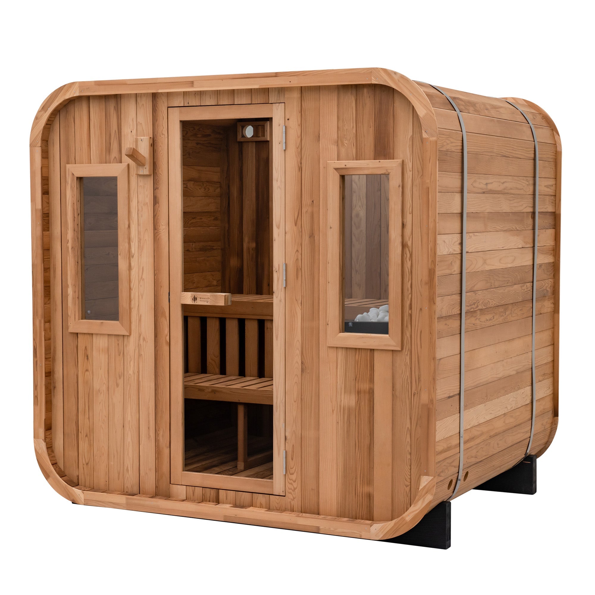 Wooden sauna with glass doors on a white background