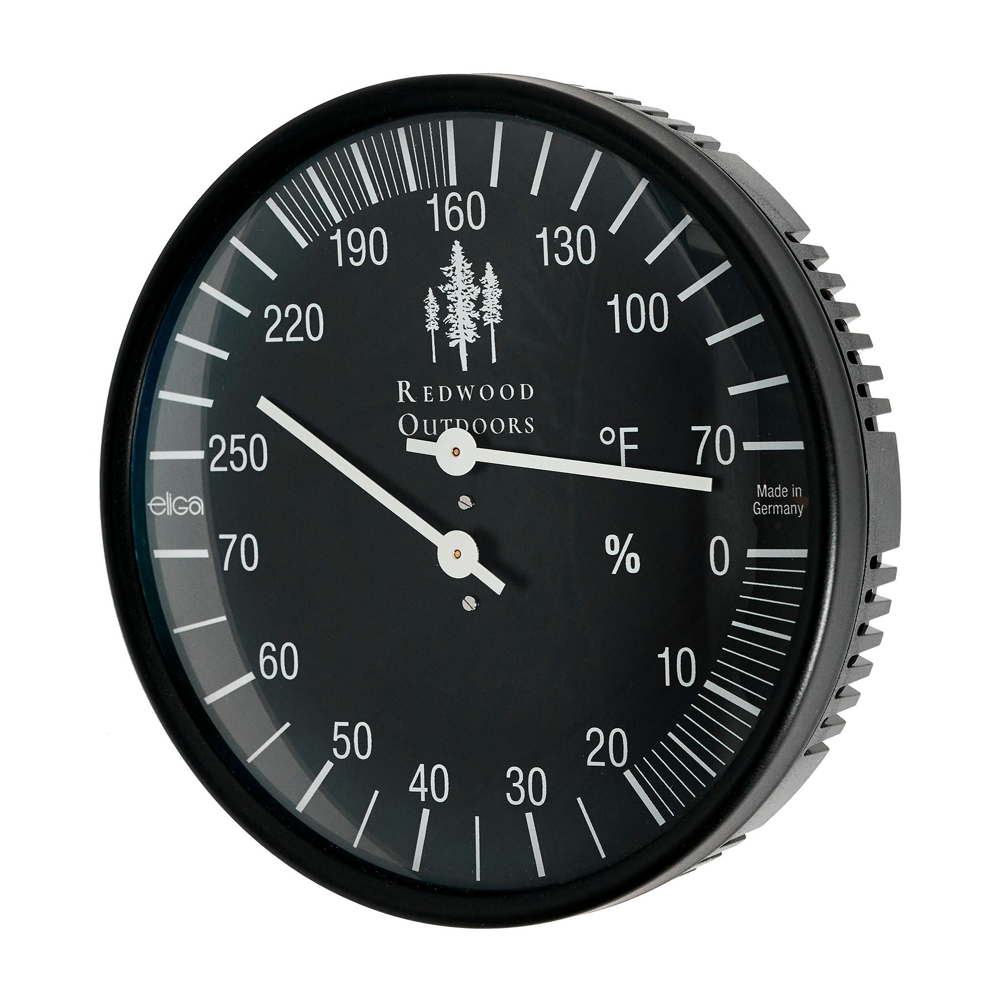 Black outdoor thermometer with brand name on a white background