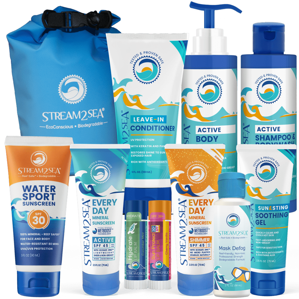 Collection of Stream2Sea personal care products including shampoo, conditioner, sunscreen, and other skincare items.