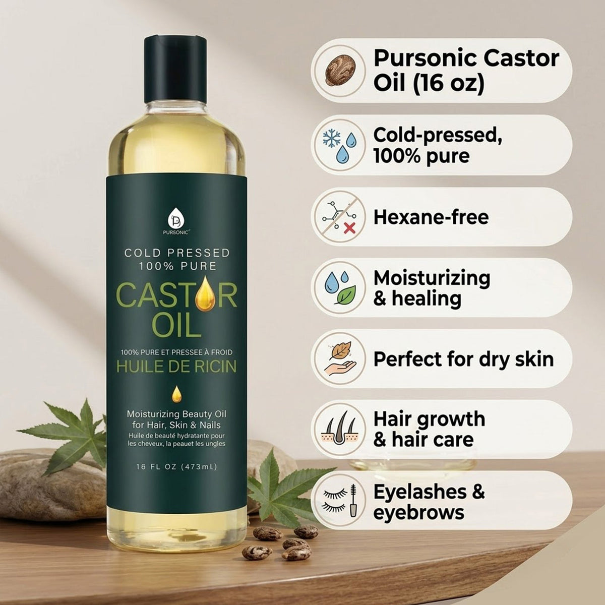 Pursonic 100% Pure Cold Pressed Castor Oil 16 Oz