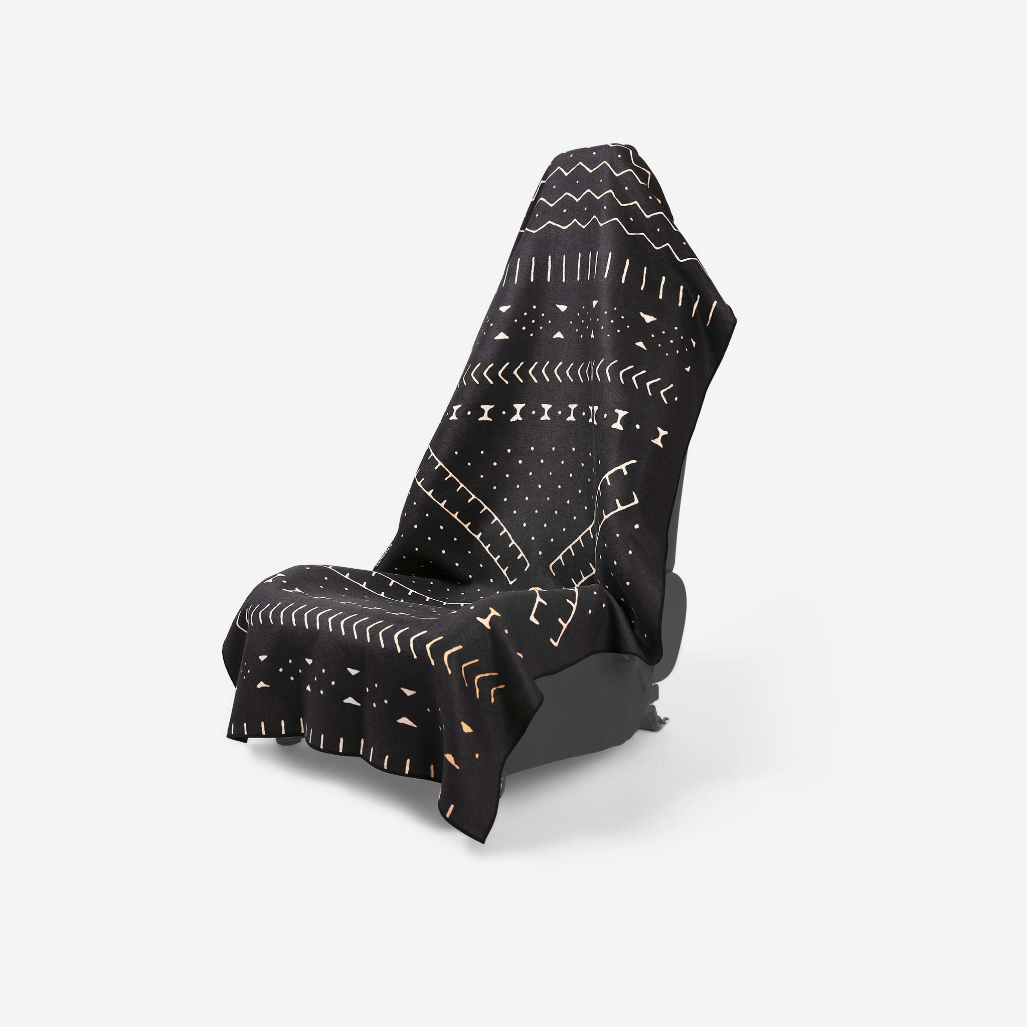 Black car seat cover with white geometric patterns on a white background