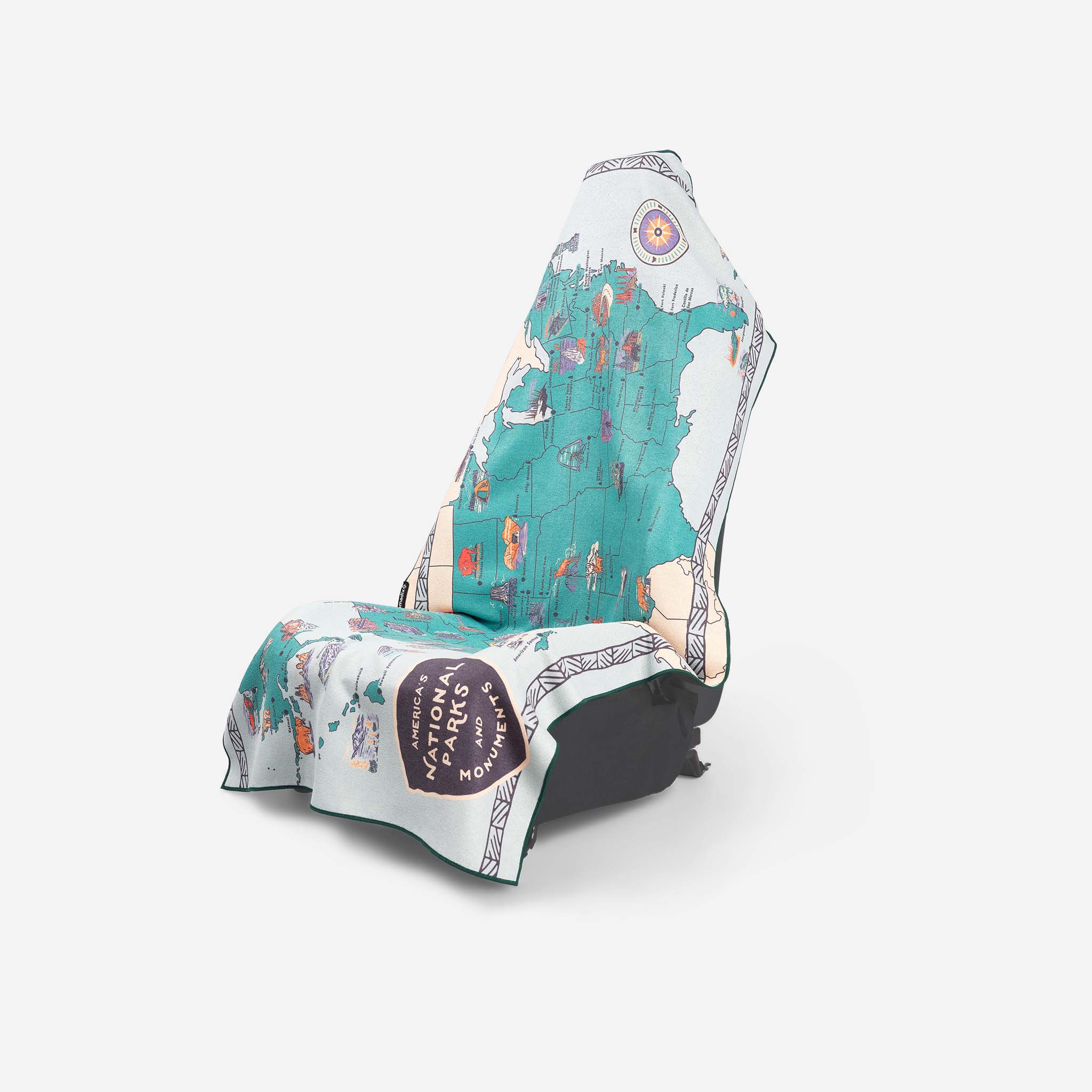 Car seat cover with a colorful map design on a white background