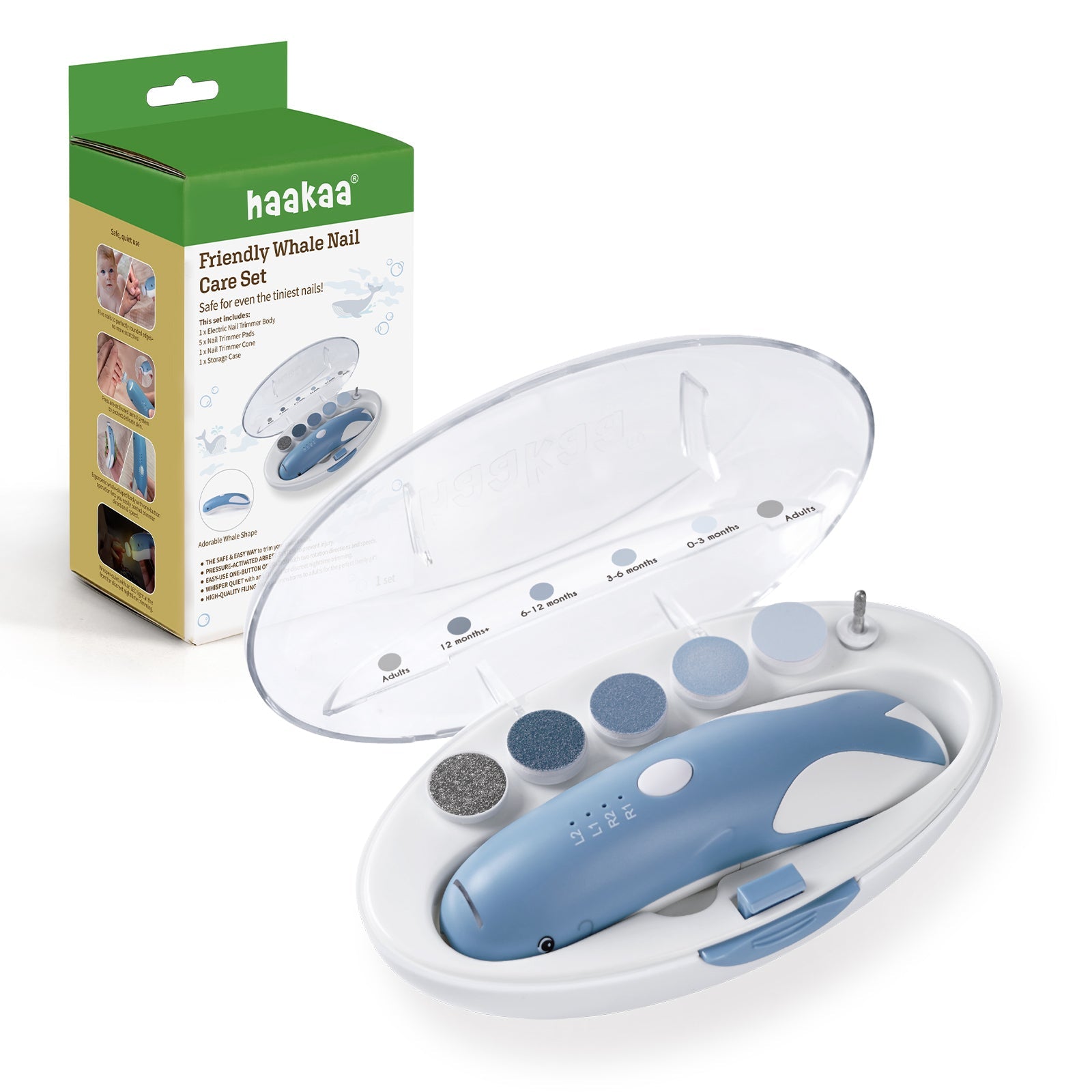 Haakaa Friendly Whale nail care set with packaging on a white background