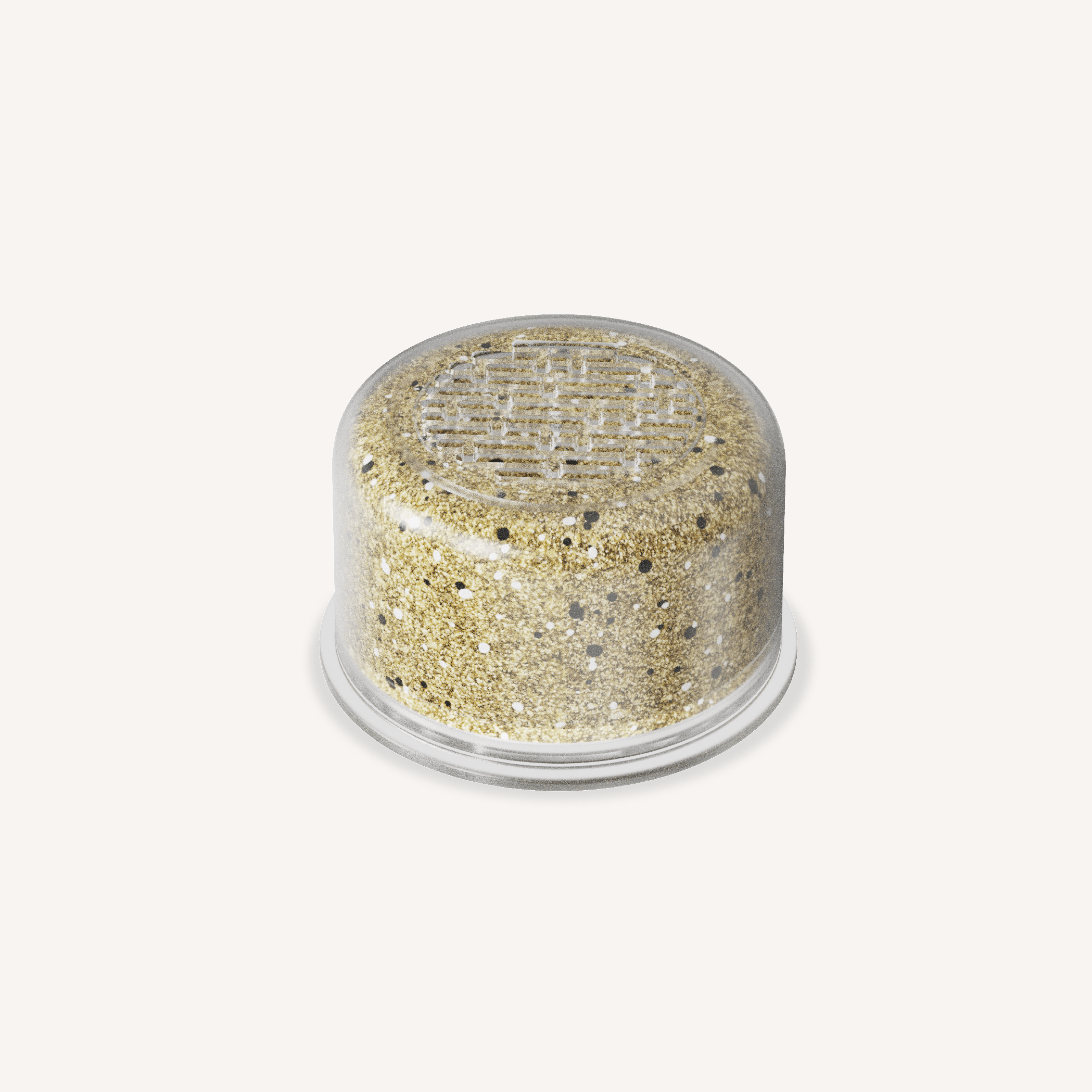 Gold glitter in a clear container on a white background