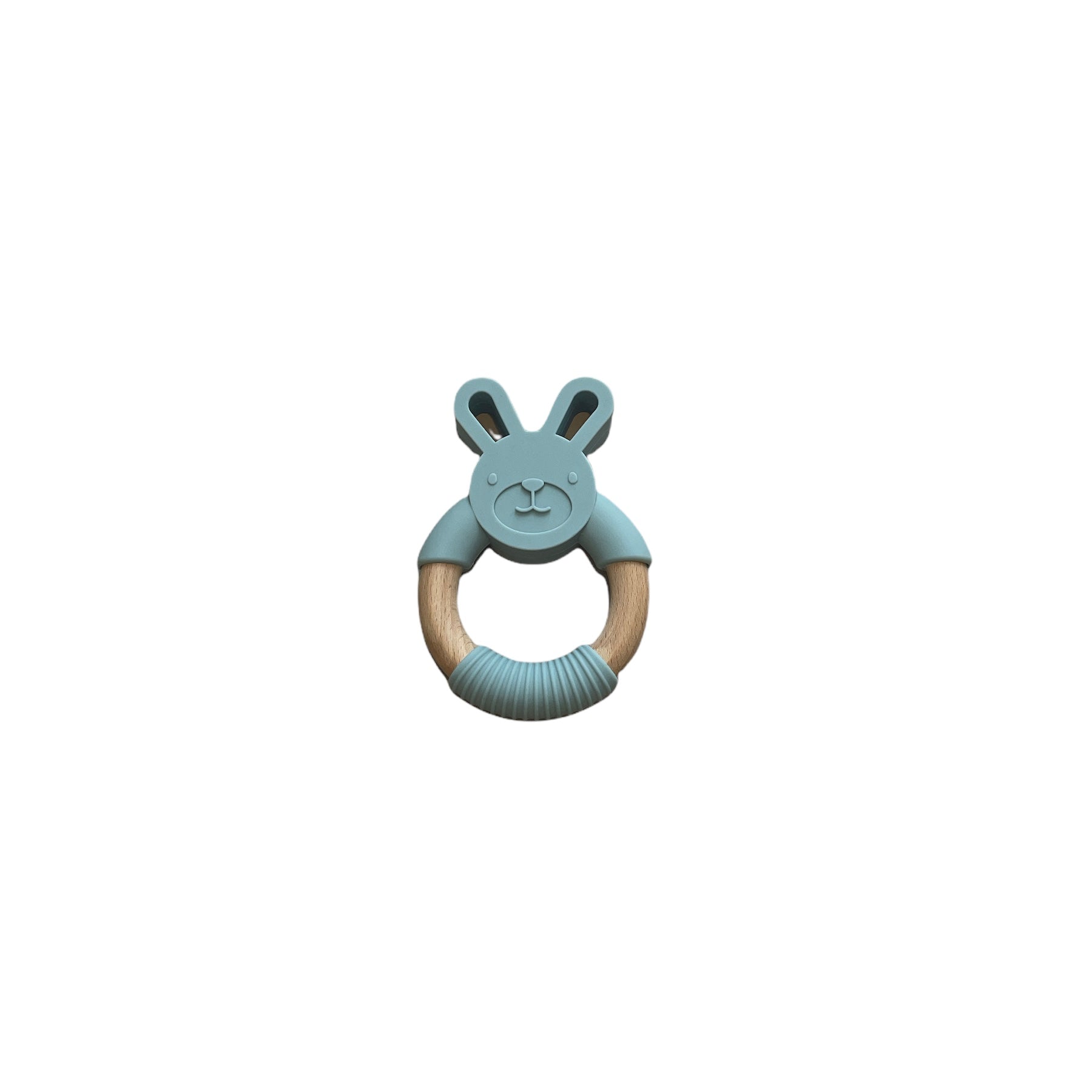 Teal rabbit-shaped teething ring on a white background