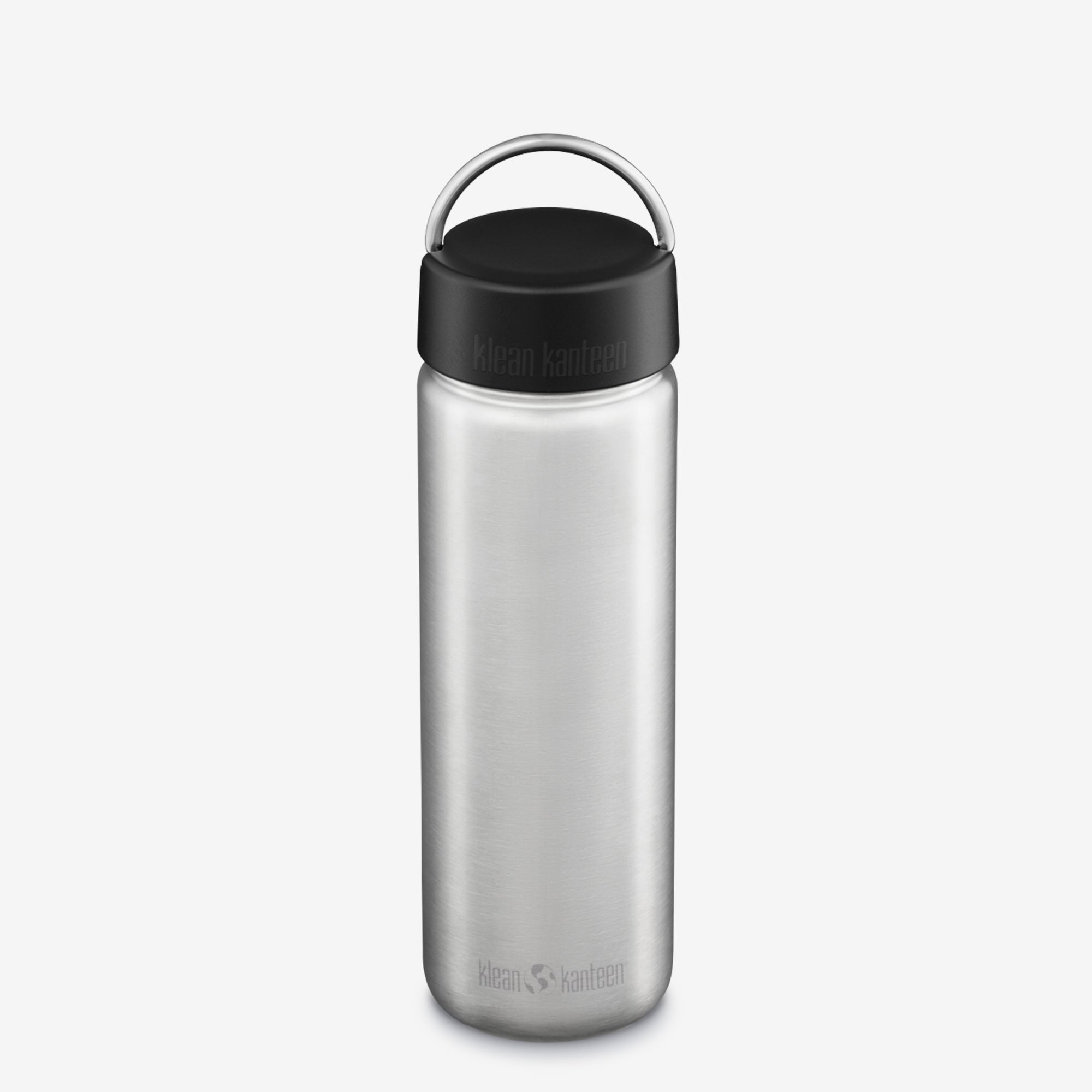 Stainless steel water bottle with black lid on a white background