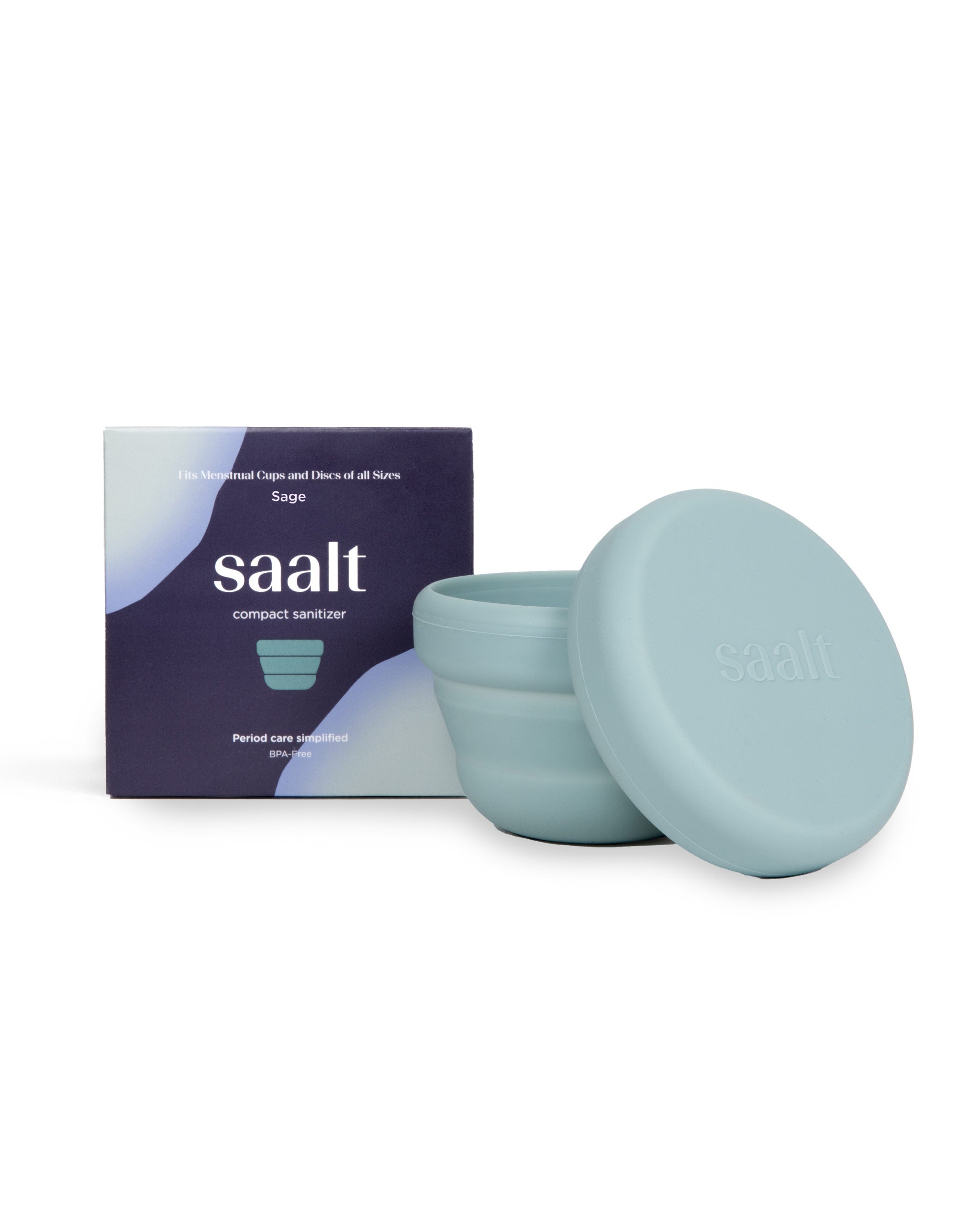 Blue container with lid and packaging labeled 'saalt' on a white background