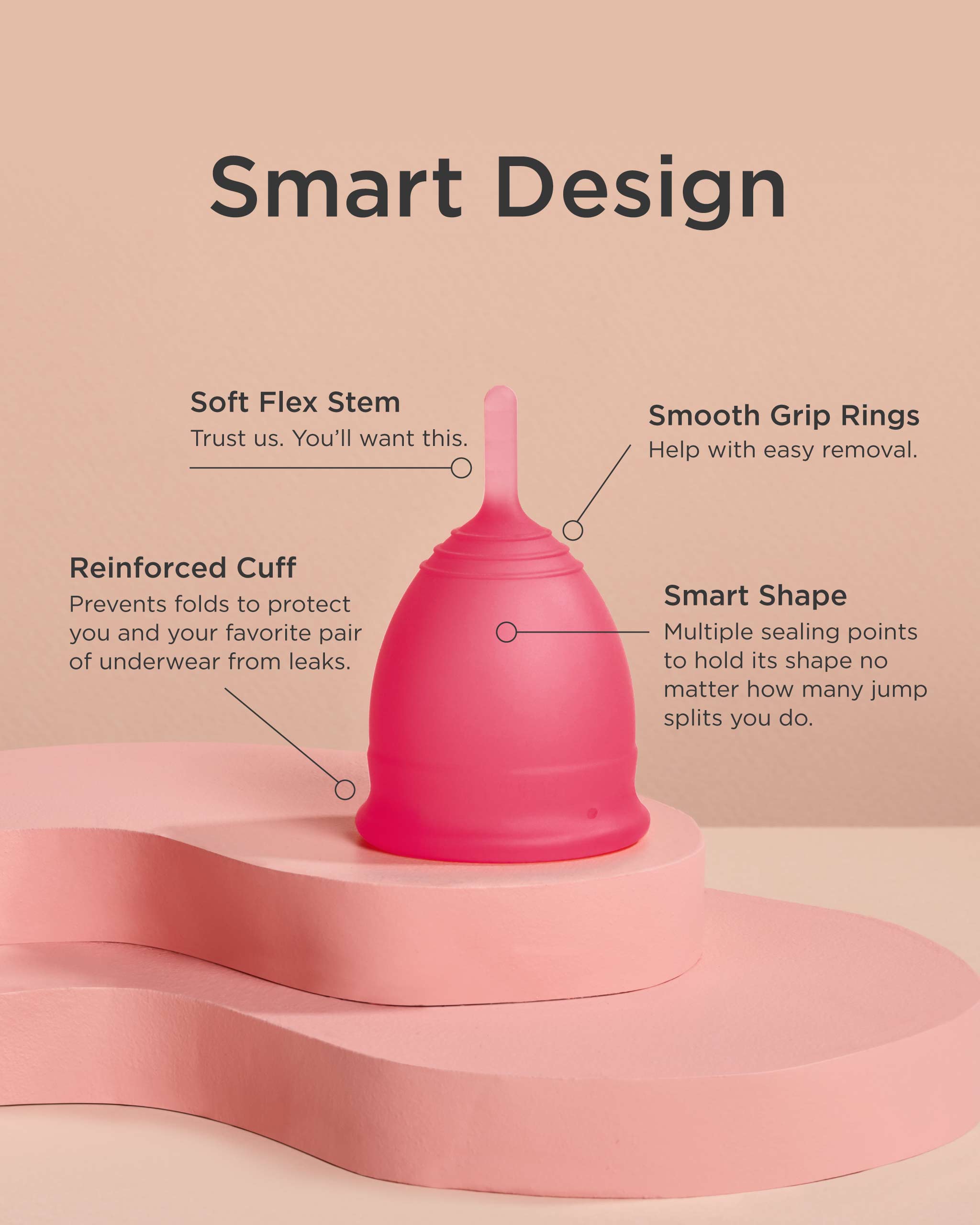 Pink menstrual cup with features highlighted on a beige background