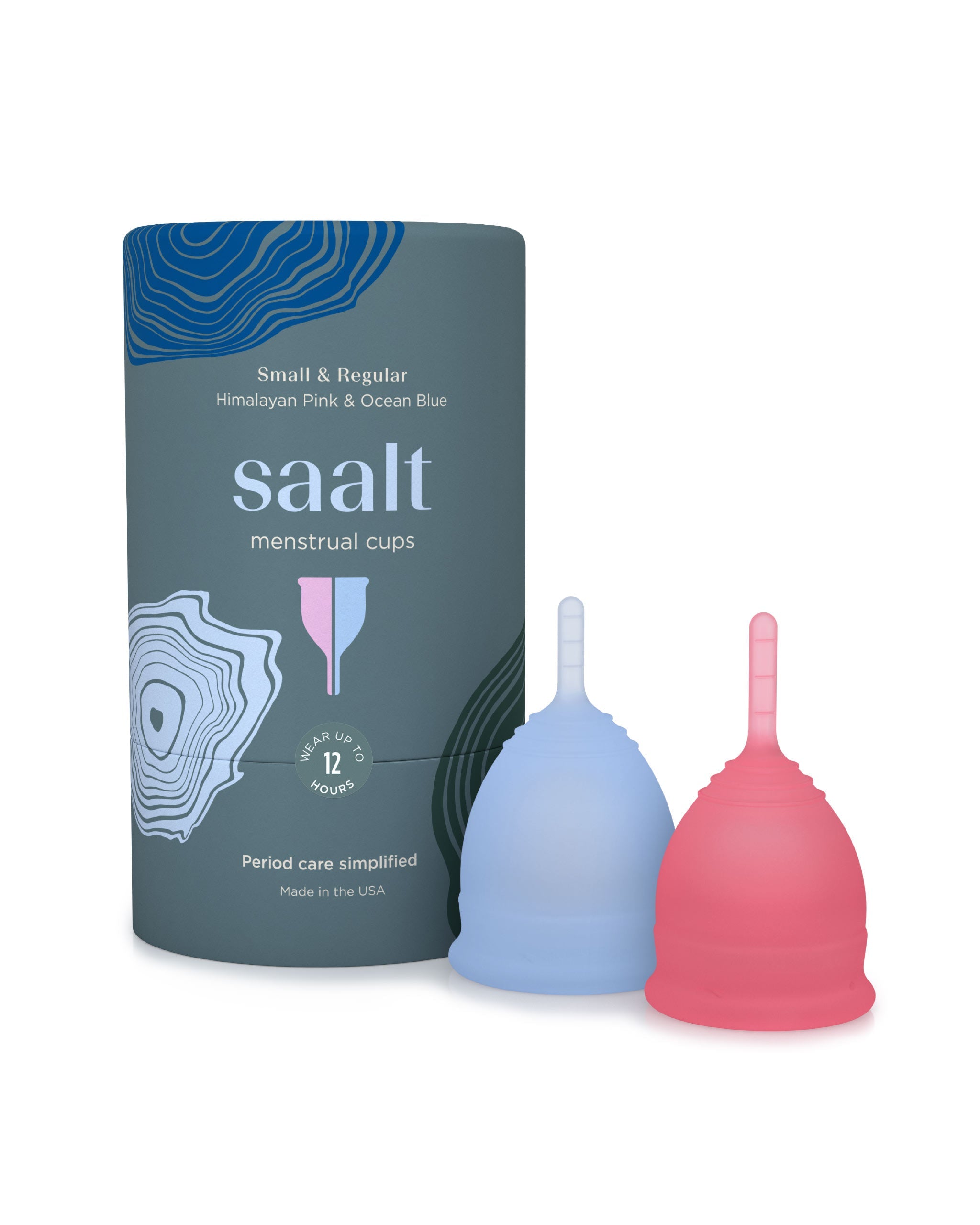 saalt menstrual cups with packaging on a white background