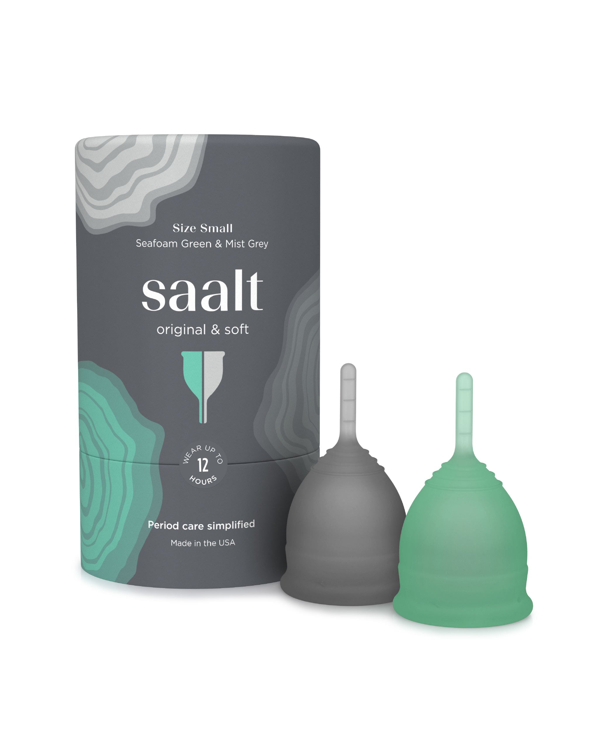 Menstrual cups and packaging with 'saalt' branding on a white background