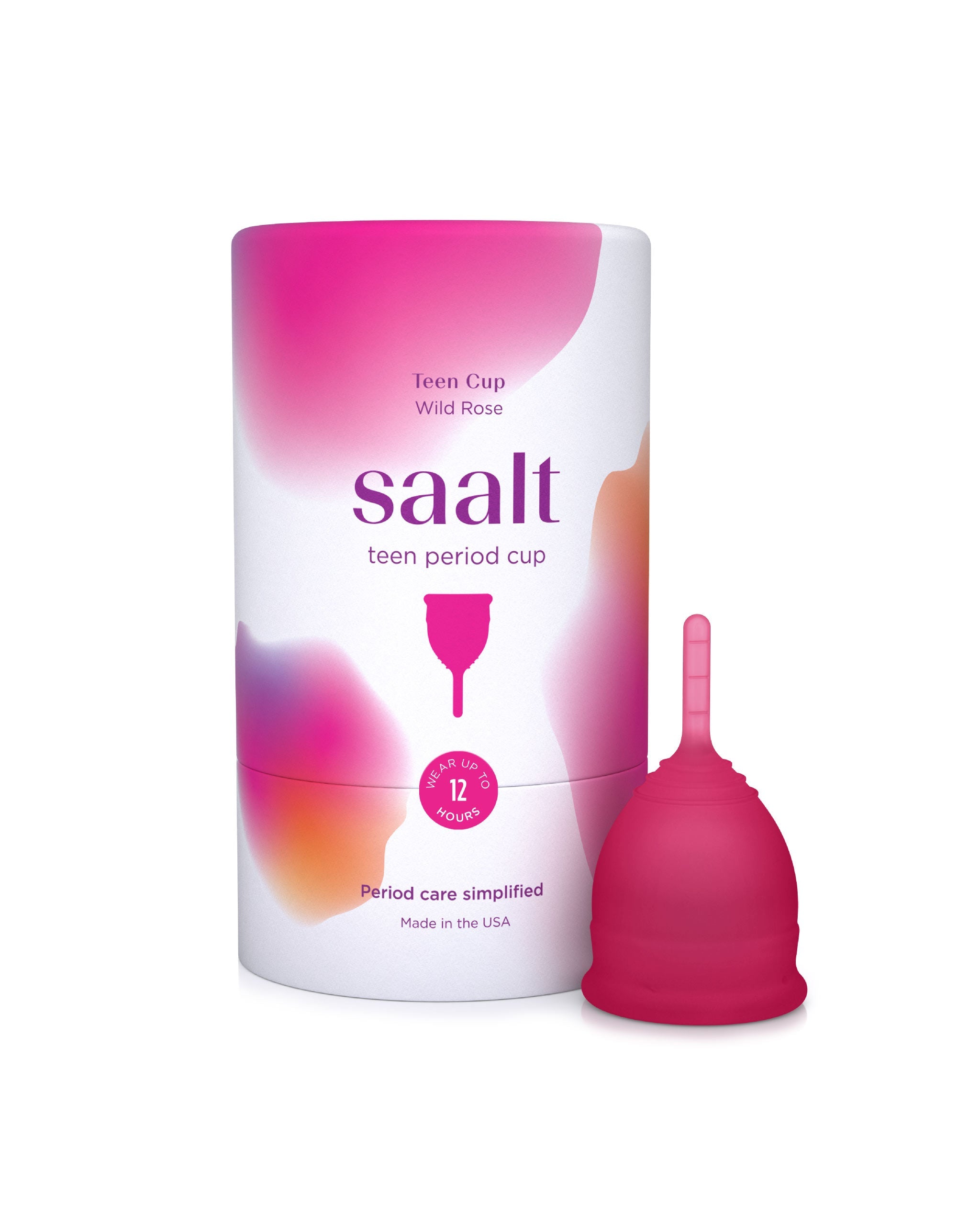 Saalt teen period cup with packaging on a white background