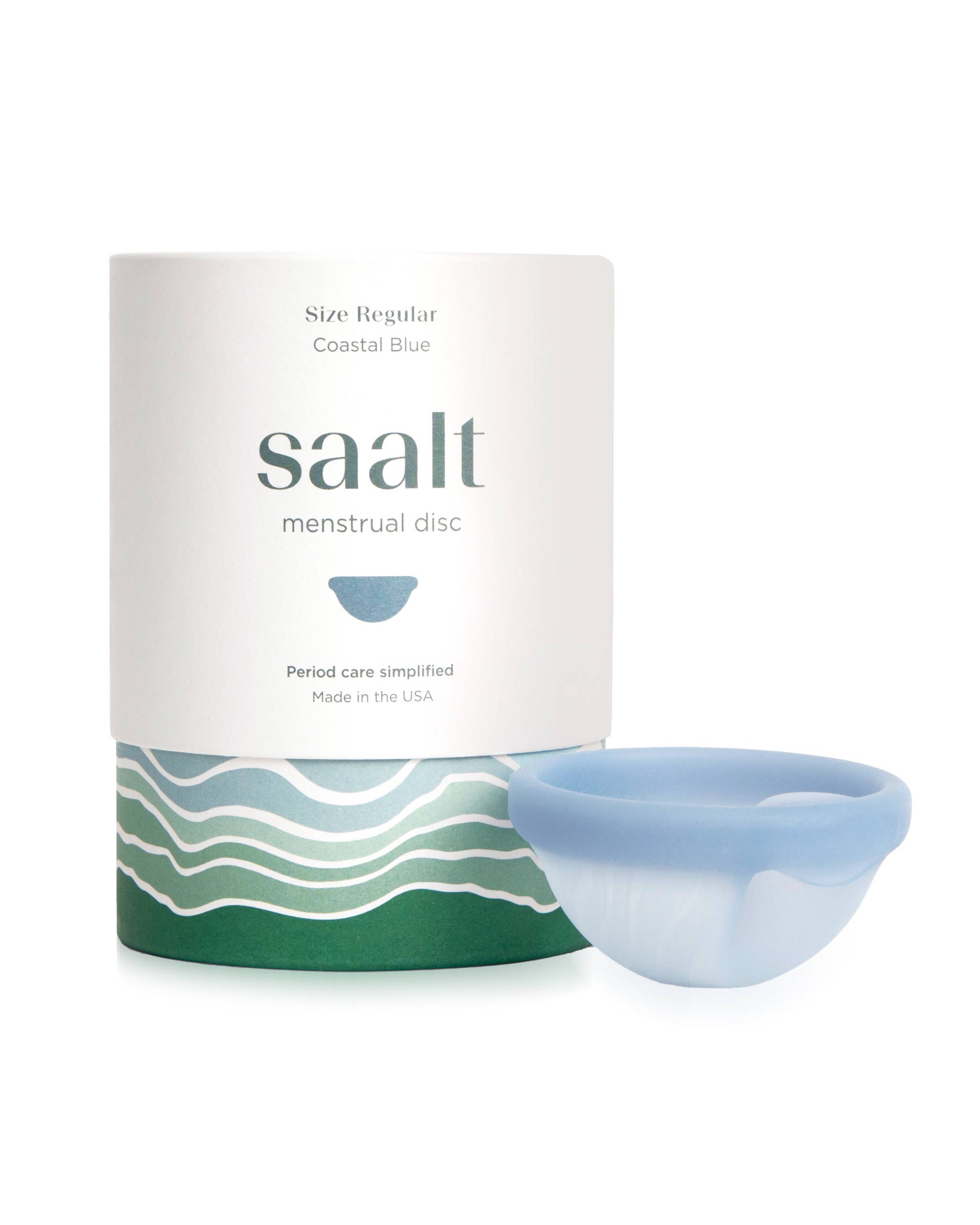 saalt menstrual disc packaging with a blue disc on a white background
