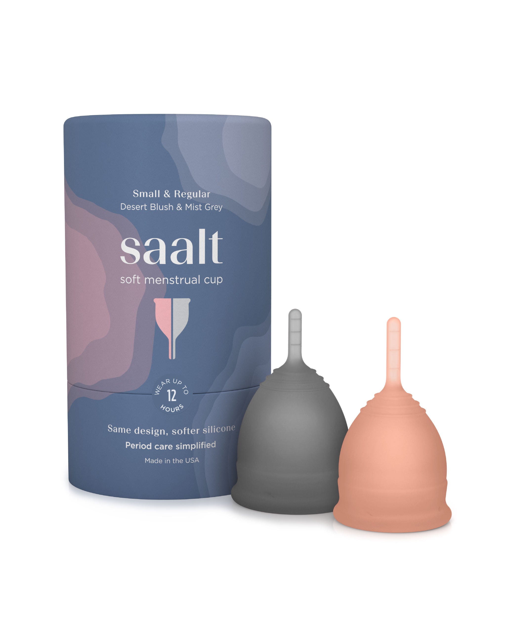 Two menstrual cups, one gray and one pink, next to their packaging with 'saalt' branding on a white background.