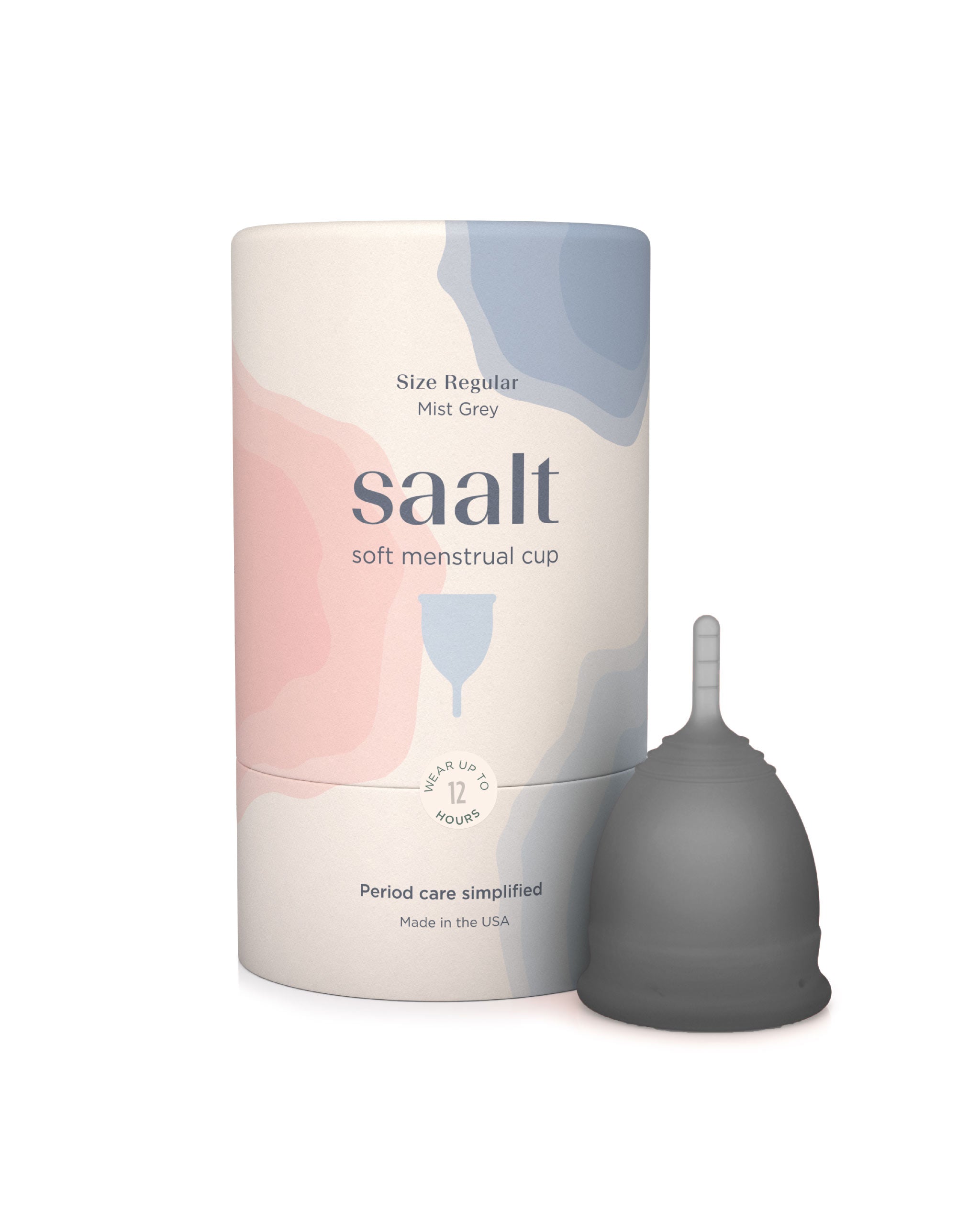 saalt soft menstrual cup with packaging on a white background
