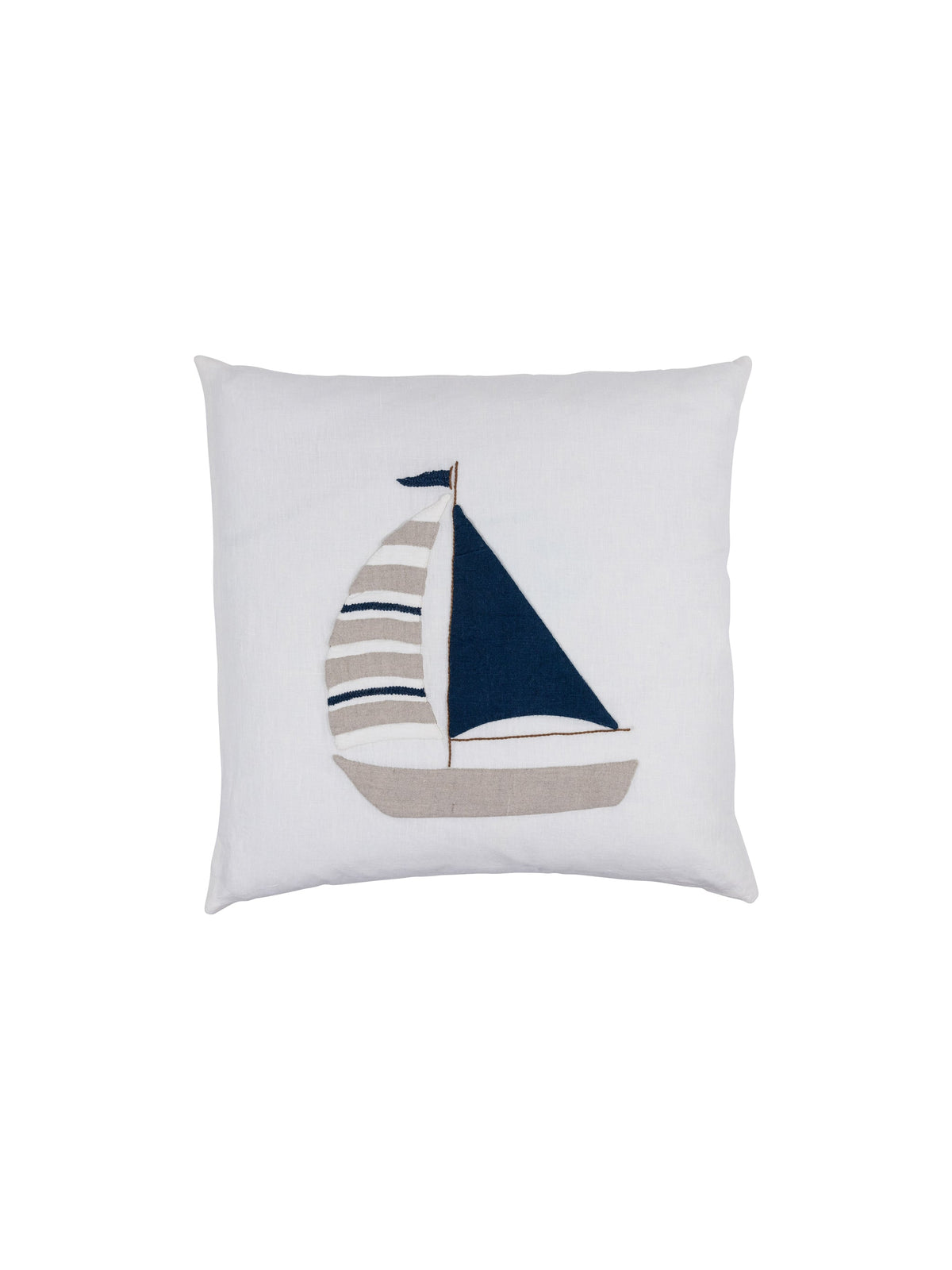 Decorative pillow with a sailboat design on a white background
