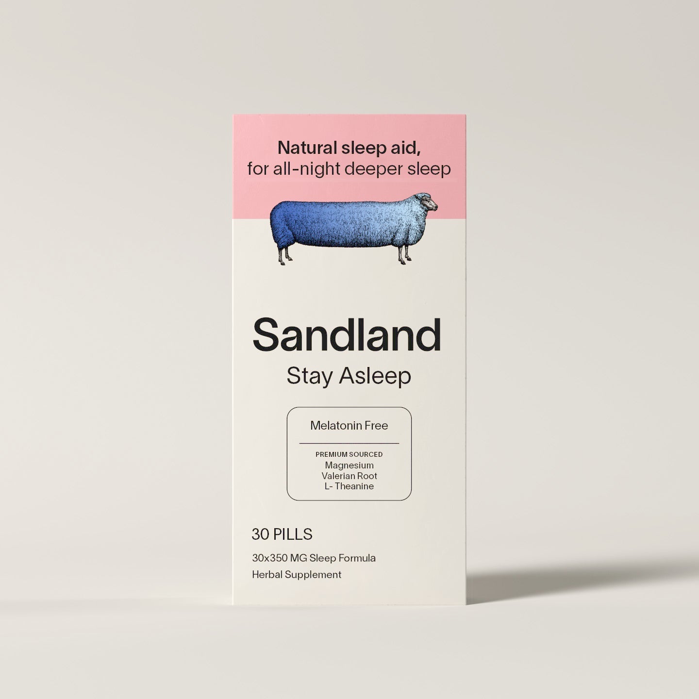 Sandland sleep aid packaging with a sheep illustration on a light gray background