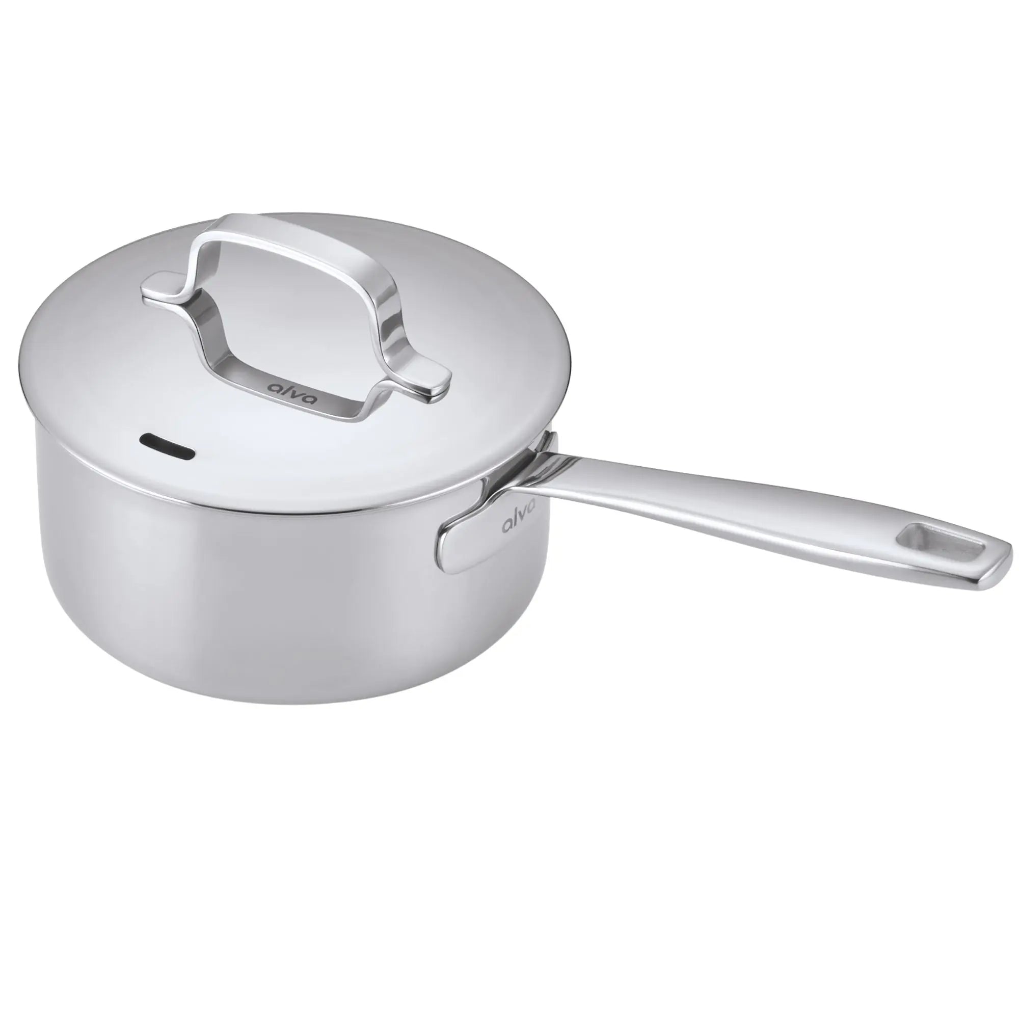 Stainless steel saucepan with lid on a white background