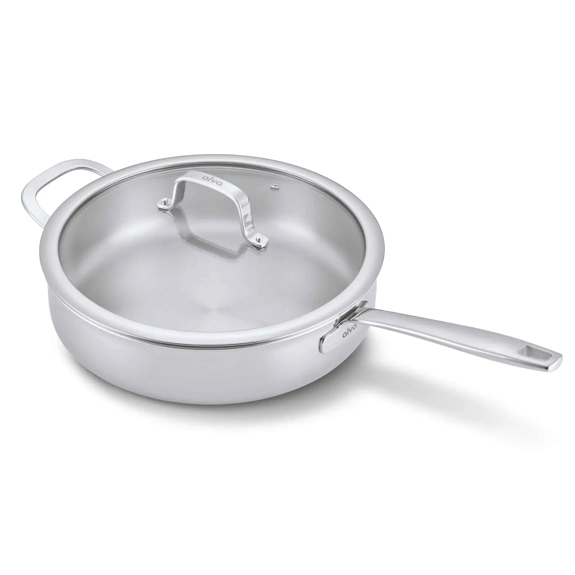 Stainless steel cookware set with lid on a white background