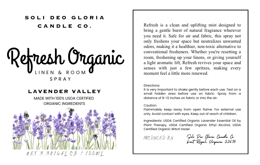 Soli Deo Gloria Candle Company Lavender Valley Scented | Refresh Linen & Room Spray (Organic & Natural Options)