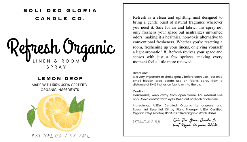Soli Deo Gloria Candle Company Lemon Drop Scented | Refresh Linen & Room Spray (Organic & Natural Options)