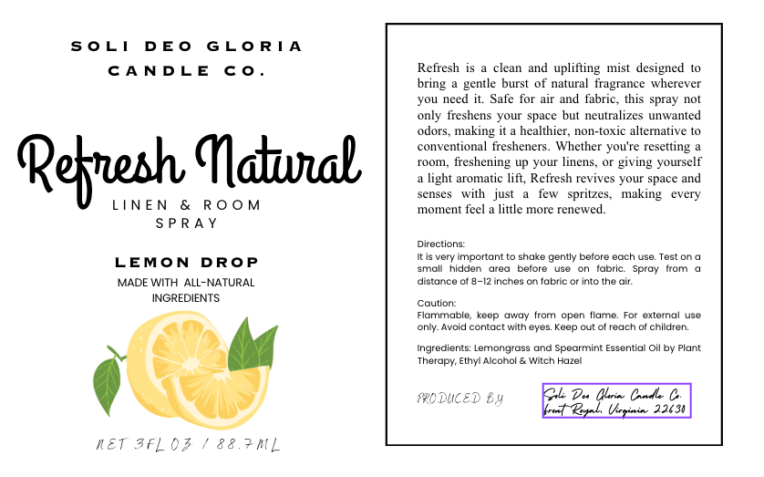 Soli Deo Gloria Candle Company Lemon Drop Scented | Refresh Linen & Room Spray (Organic & Natural Options)