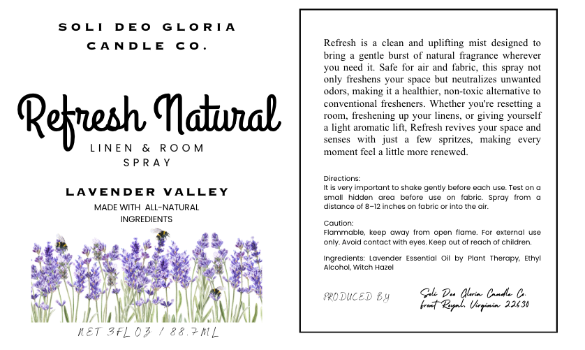 Soli Deo Gloria Candle Company Lavender Valley Scented | Refresh Linen & Room Spray (Organic & Natural Options)