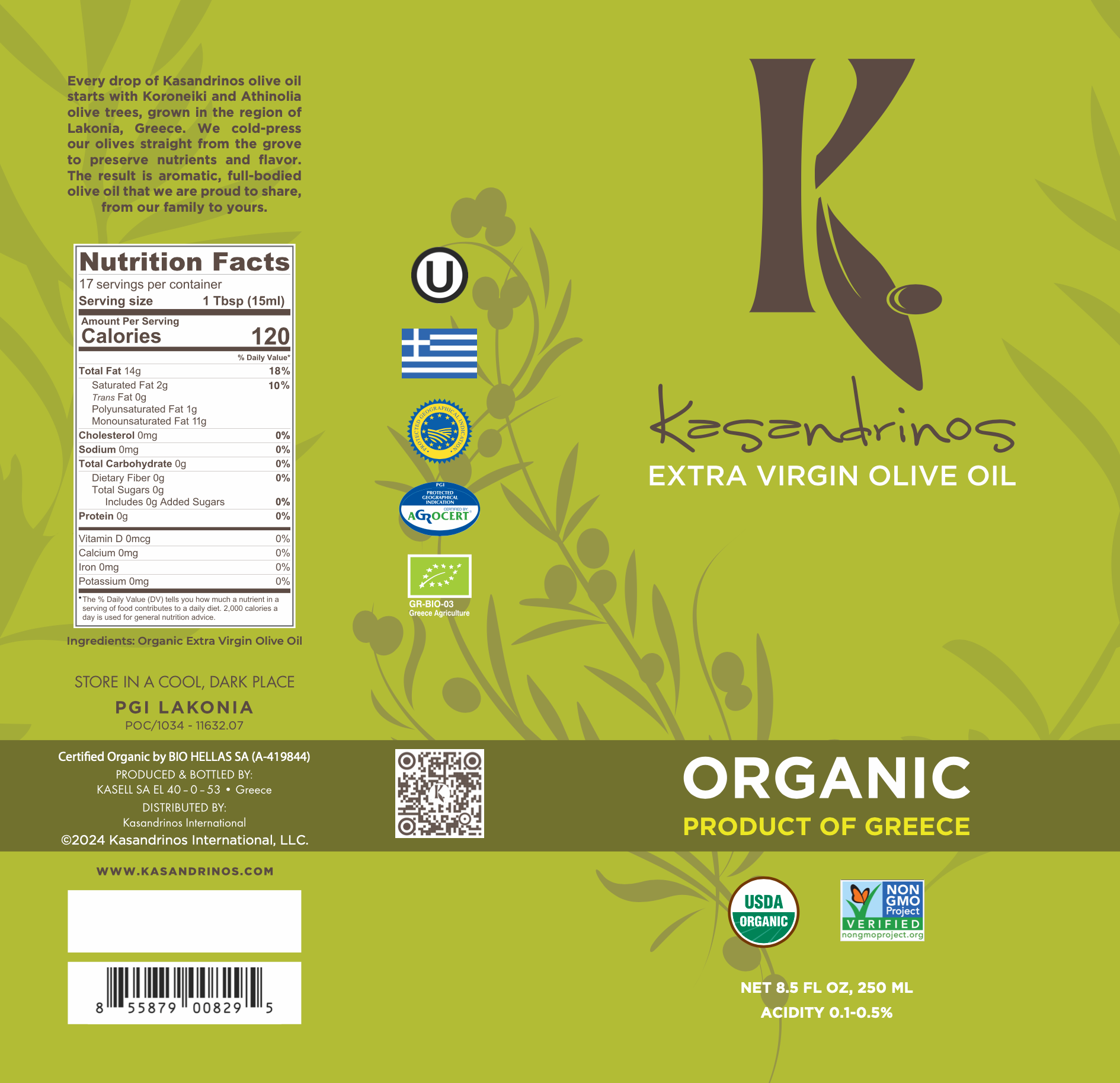 Kasandrinos International 250ml Bottle - Organic EVOO