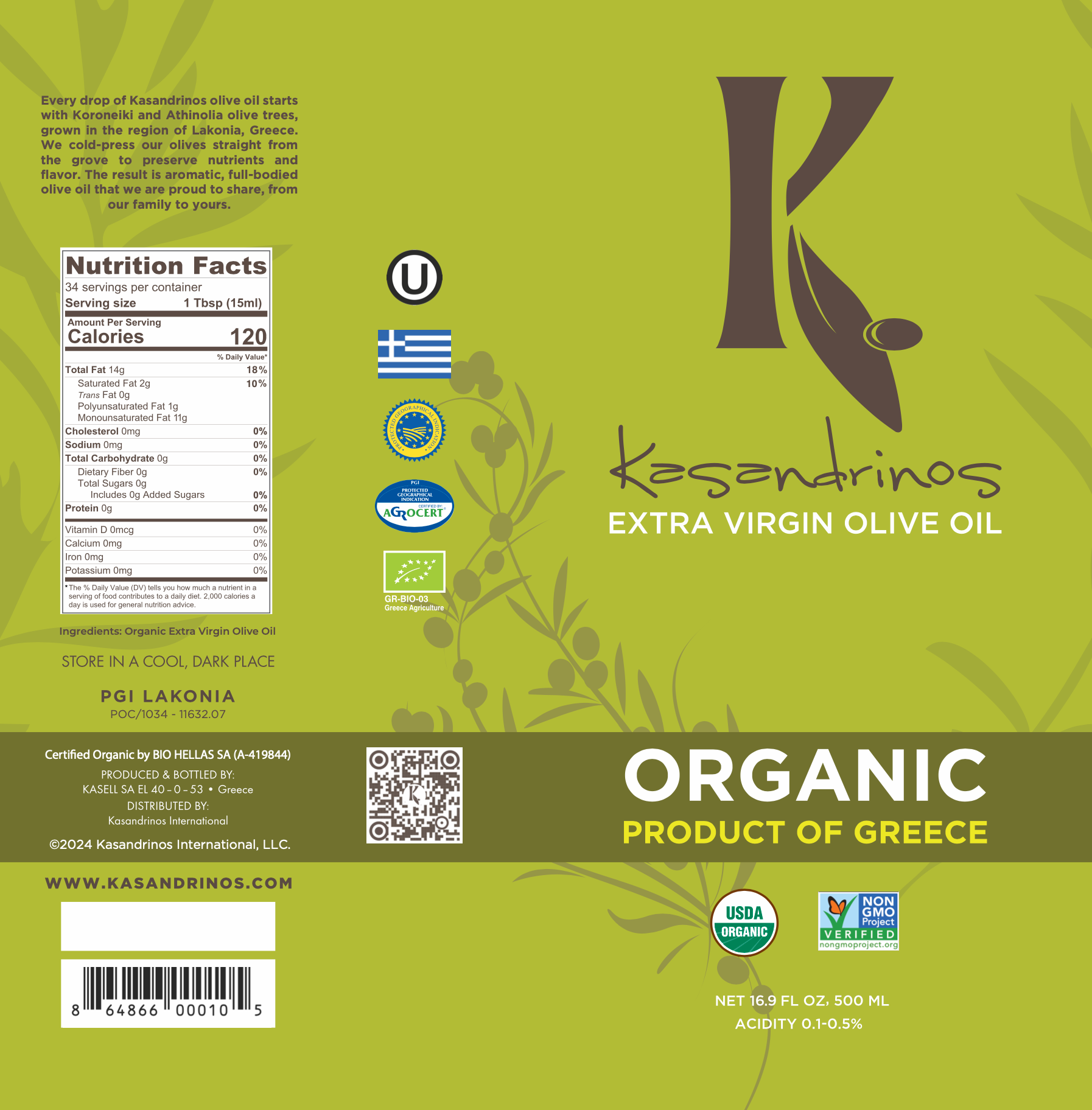 Kasandrinos International 500ml Bottle - Organic EVOO