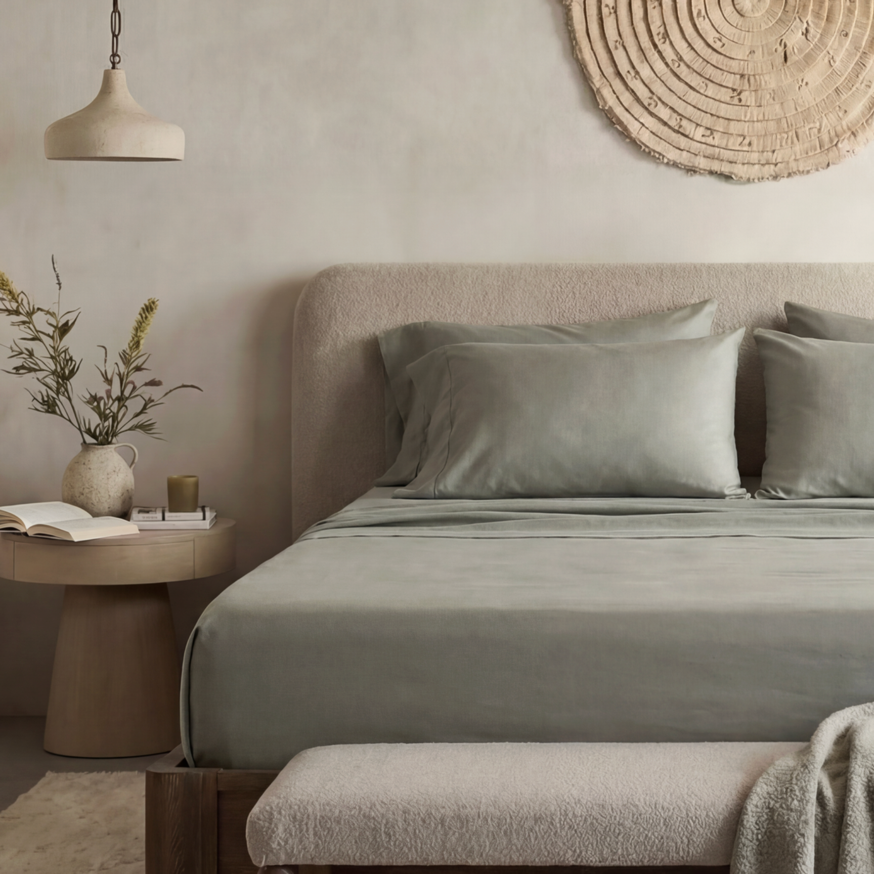 Neatly made bed with gray bedding in a bedroom setting.