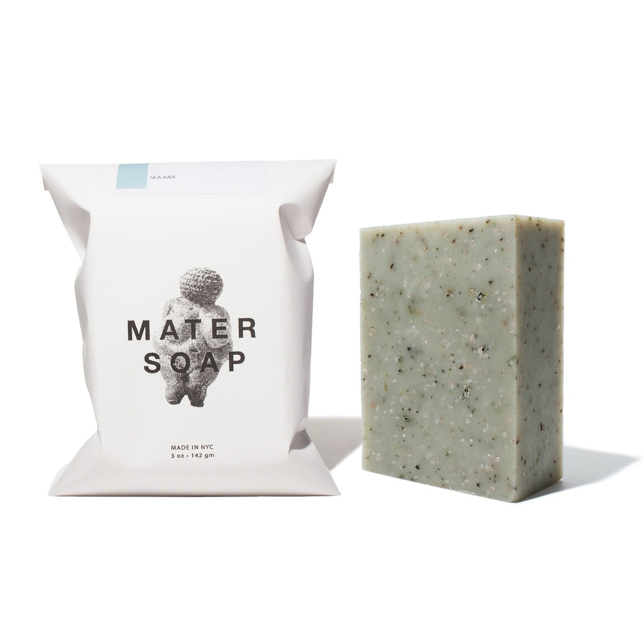 Mater Soap packaging and bar of soap on a white background