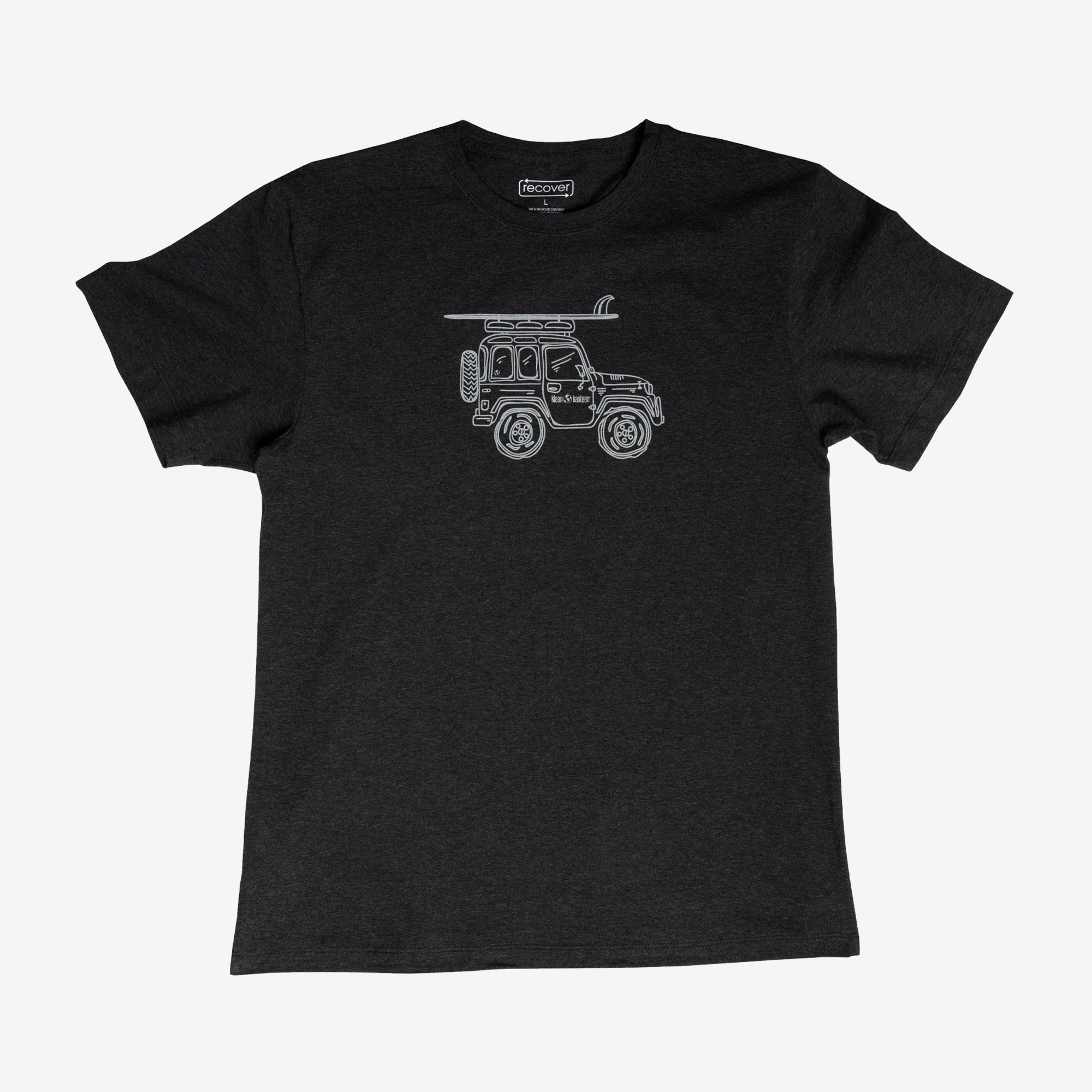 Black t-shirt with white graphic design on a white background