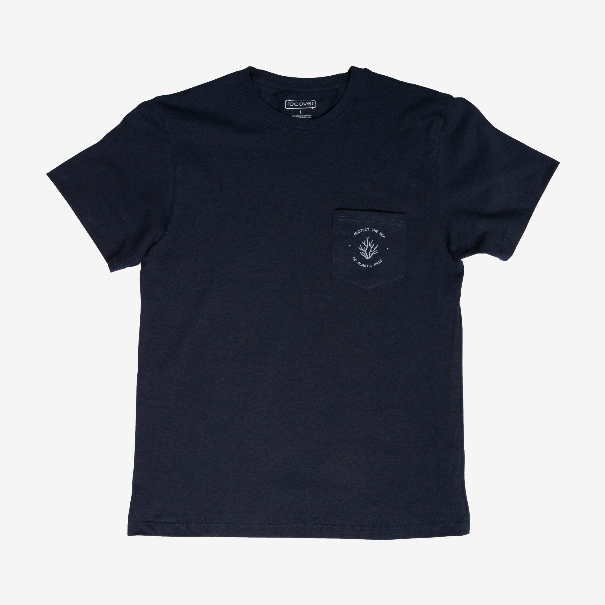 Navy blue t-shirt with a small white logo on a white background