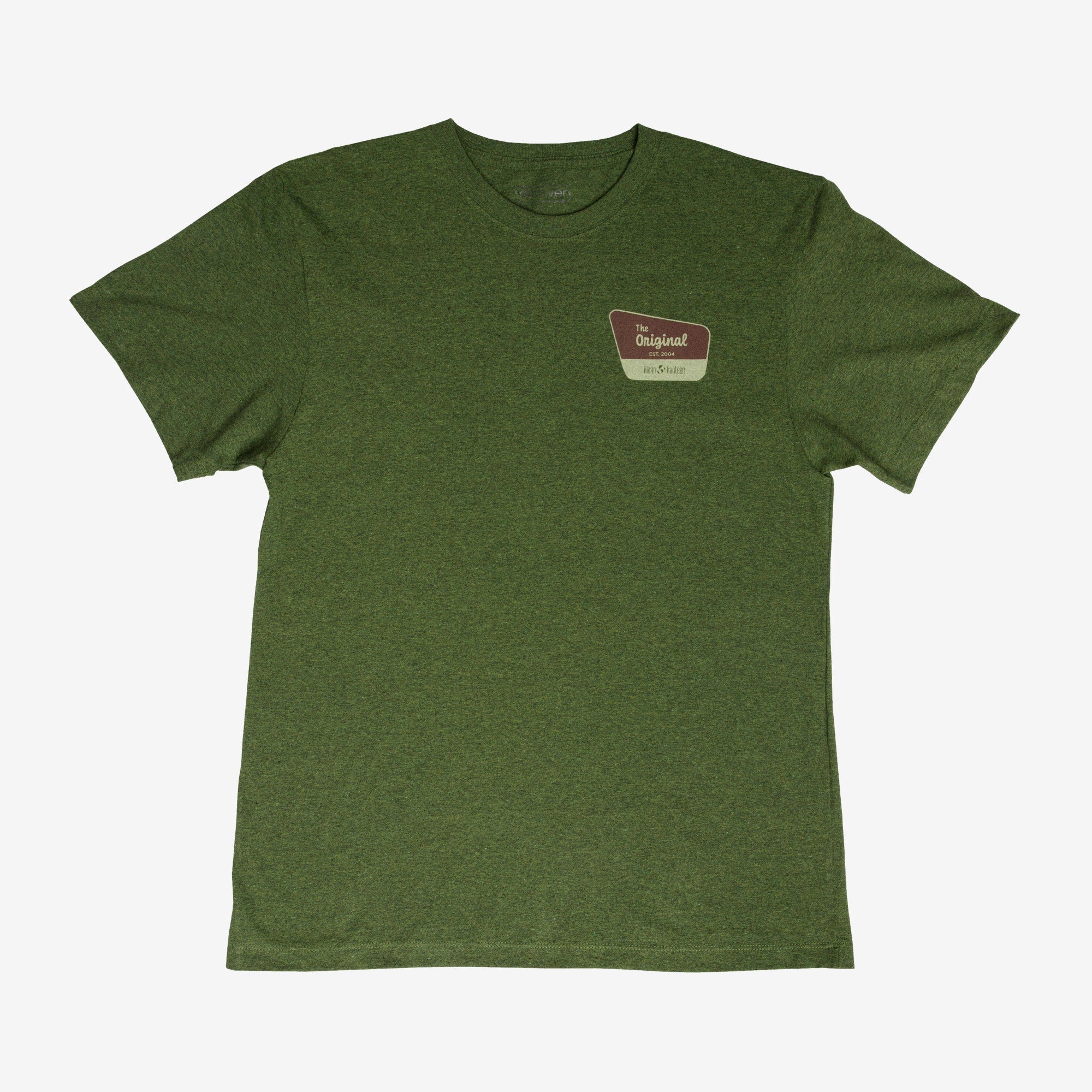 Green t-shirt with a small logo on a white background