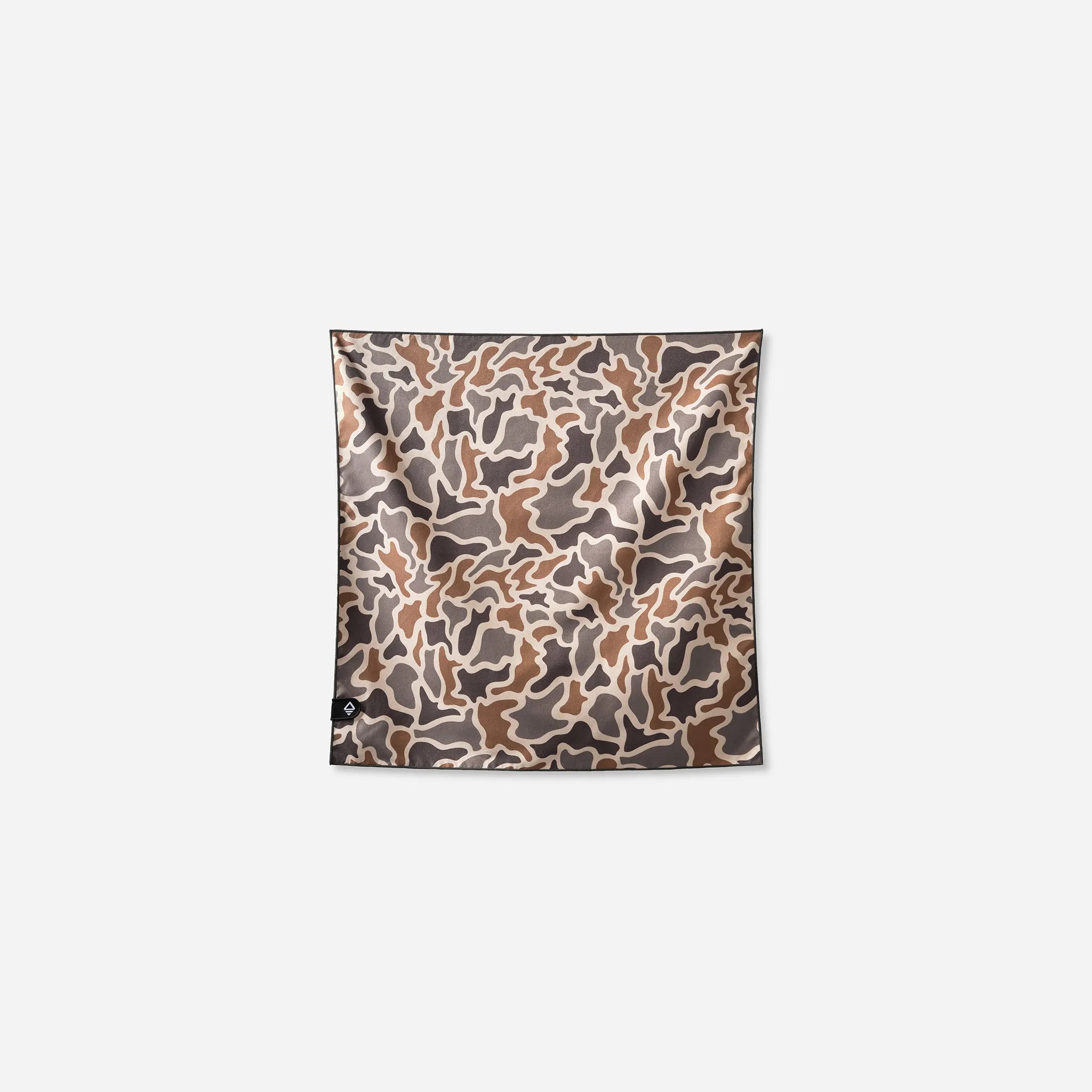 A square scarf featuring an abstract organic camouflage pattern in brown, beige, and gray, displayed flat against a light gray background.