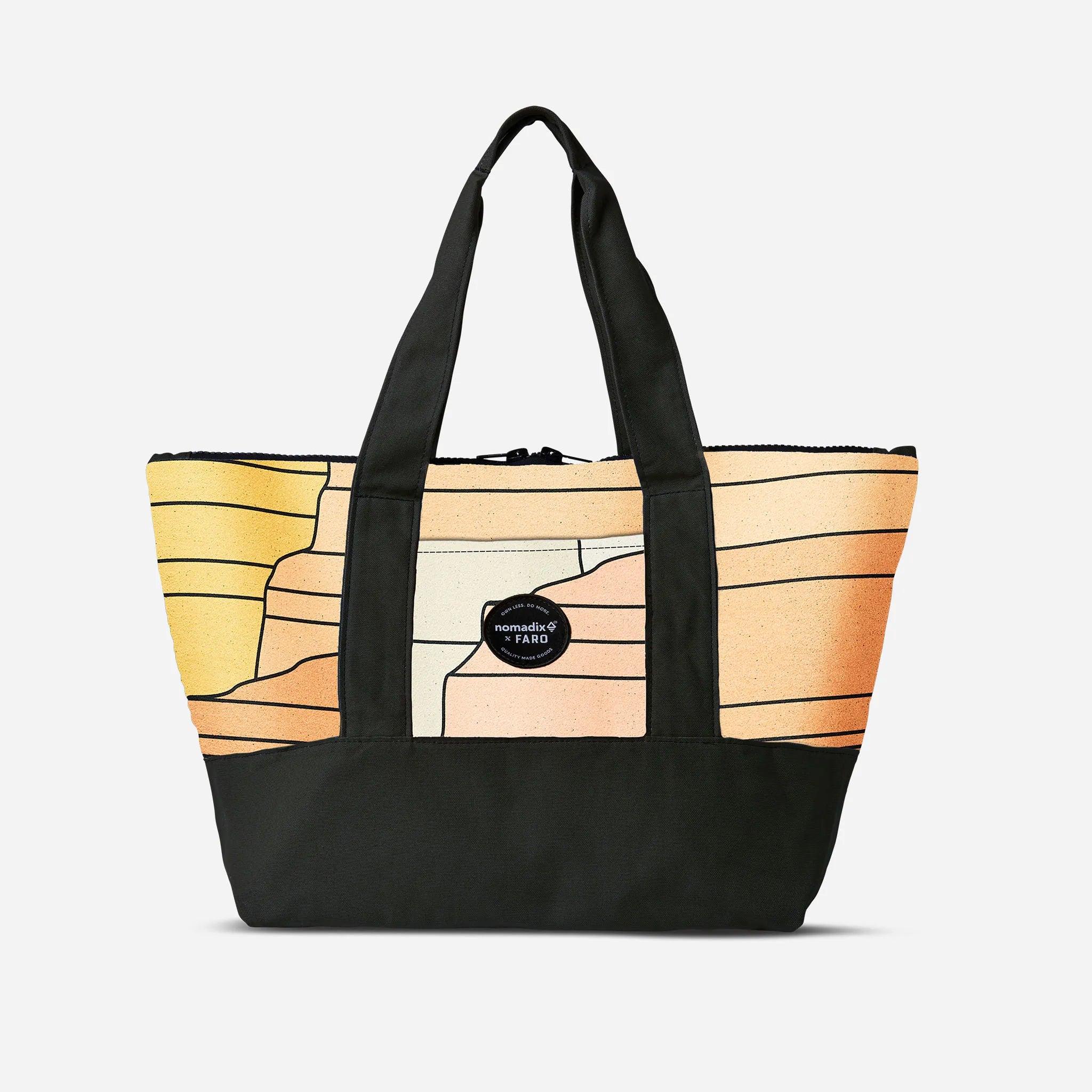 Tote bag with a colorful design and black handle on a white background