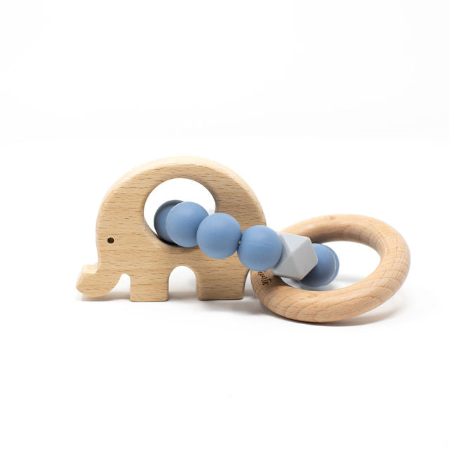 Wooden elephant-shaped teething ring with blue beads on a white background