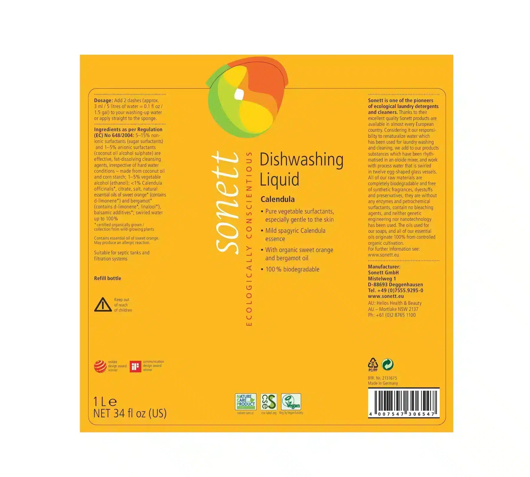 Sonett Natural Dishwashing Liquid Calendula Label