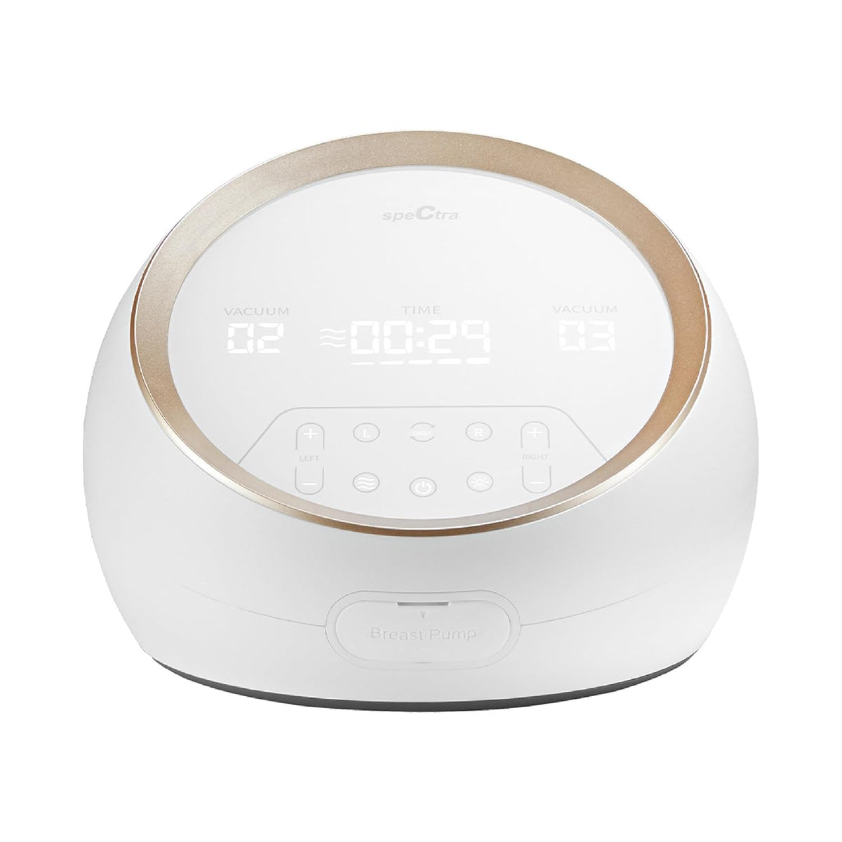 White and gold electronic device with digital display on a white background