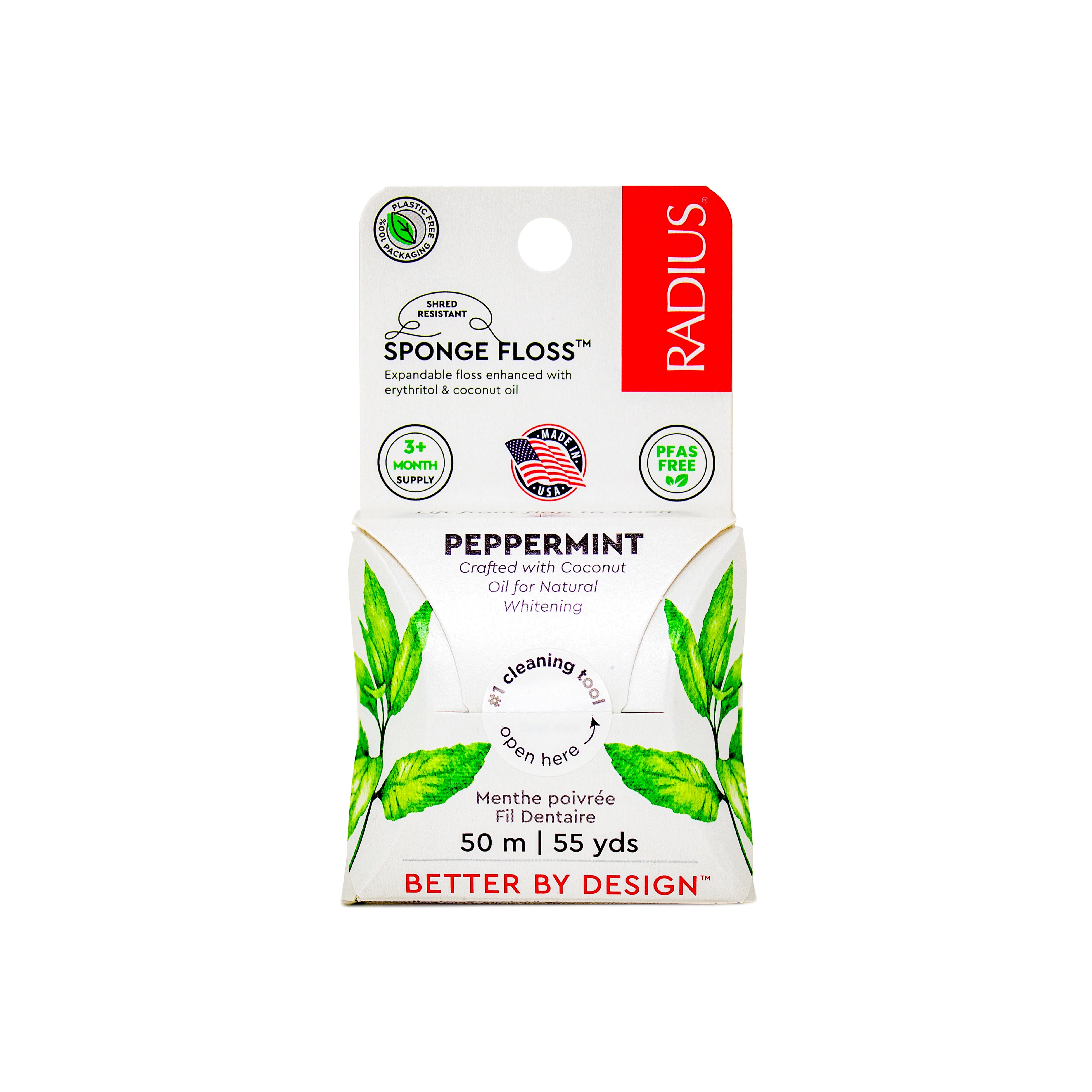 Radius brand packaging of sponge floss with peppermint flavor on a white background