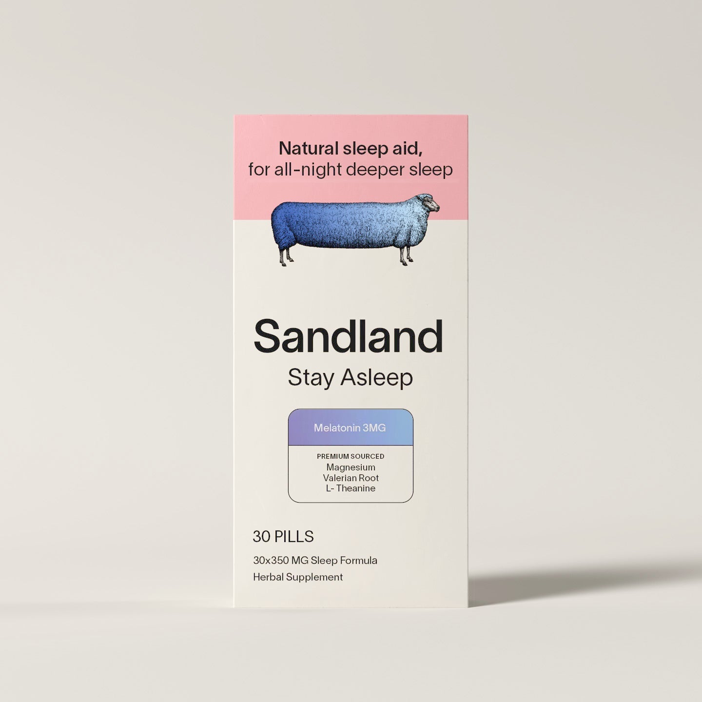 Box of Sandland natural sleep aid with a sheep illustration on a white background