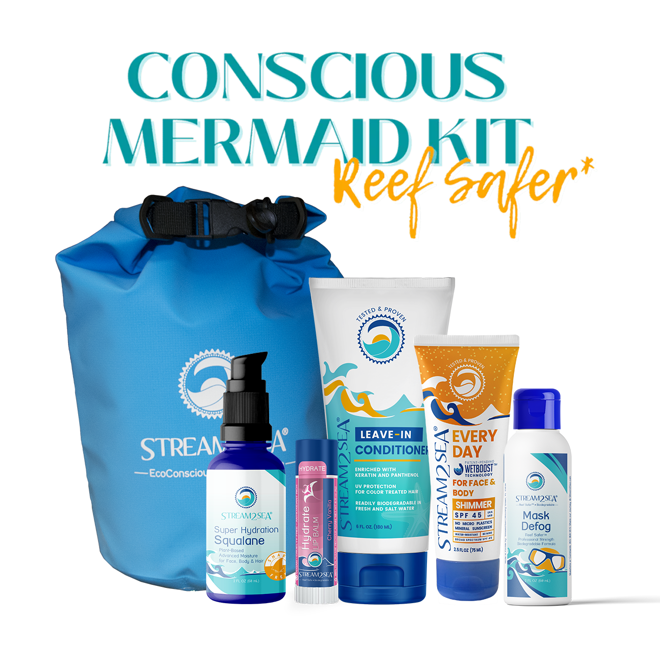 Collection of eco-friendly products with a blue bag labeled 'Stream' and text 'Conscious Mermaid Kit Reef Safe'.