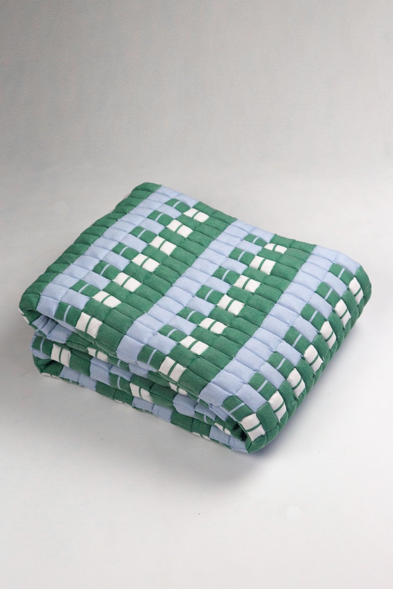Archive New York Quilted Sujani Throw Blanket - Soft Blue, White and Green
