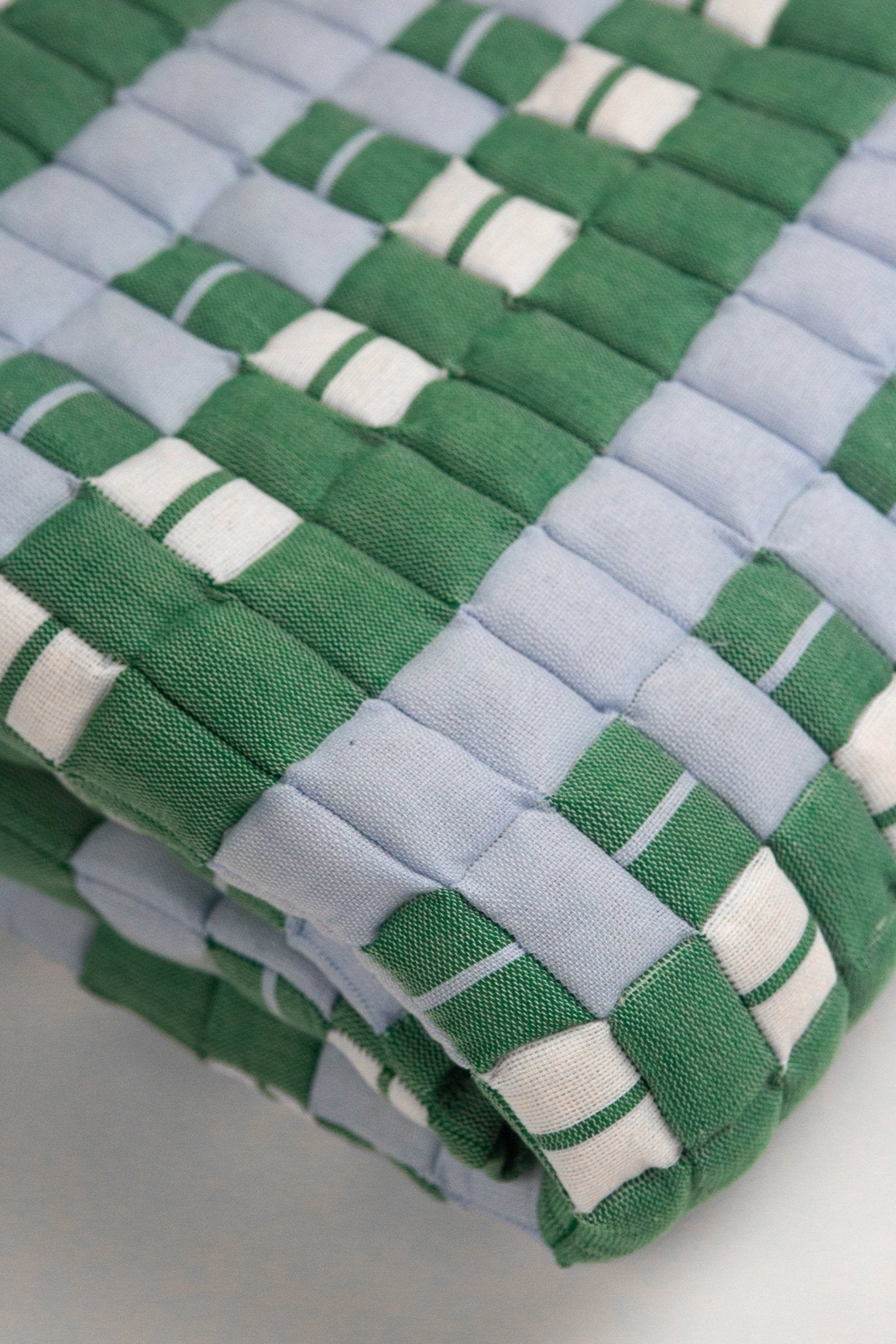 Archive New York Quilted Sujani Throw Blanket - Soft Blue, White and Green
