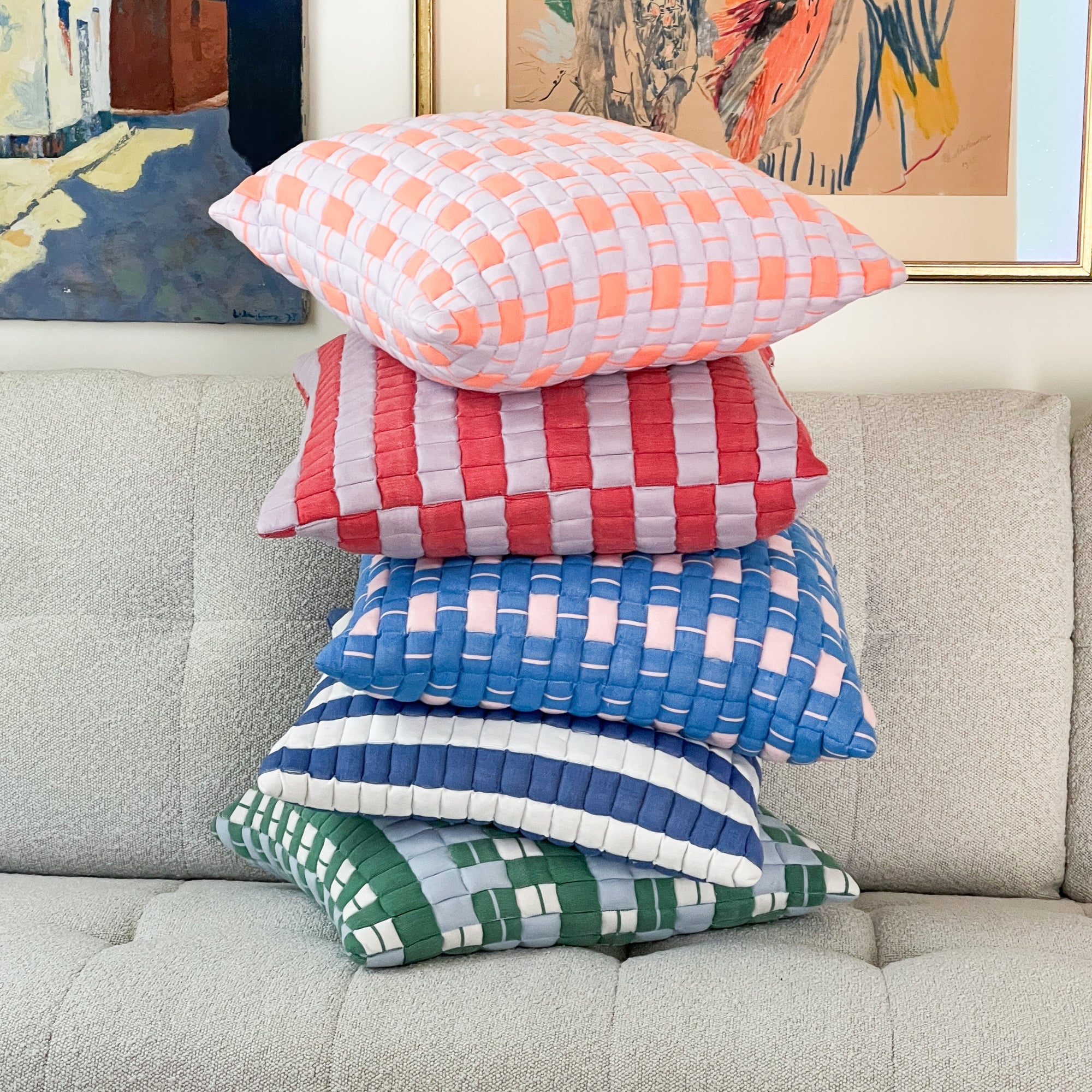 Archive New York Sujani Quilted Pillow in Soft Pink and Blue
