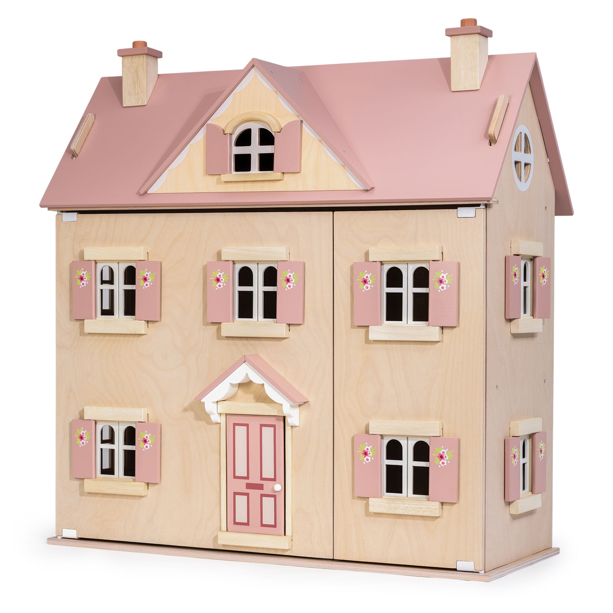 Wooden dollhouse with pink roof and doors on a white background